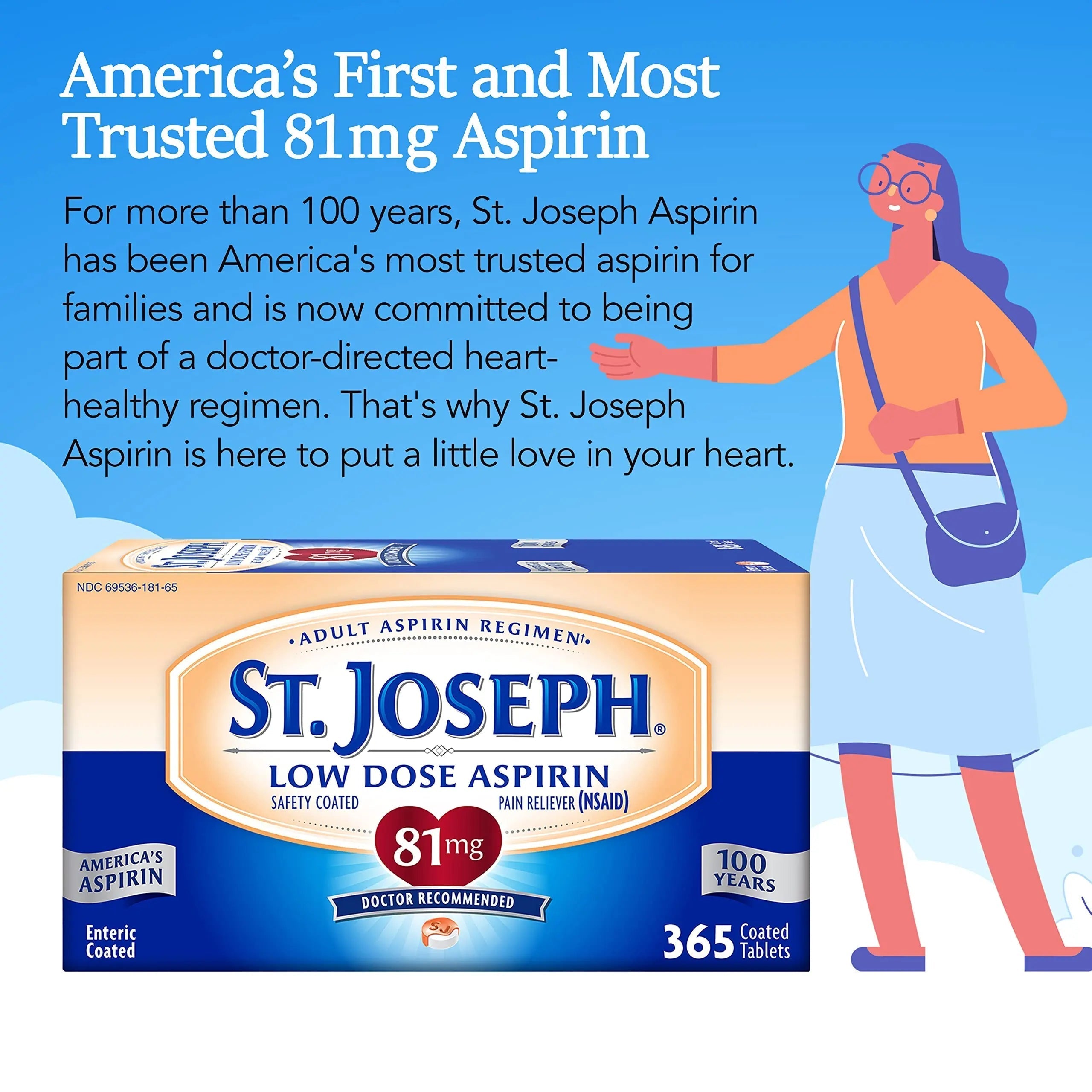 St. Joseph Aspirin Pain Reliever (NSAID) 81mg, Enteric Safety Coated, Adult Low Dose Aspirin, 365 ct St. JosephAu supplements