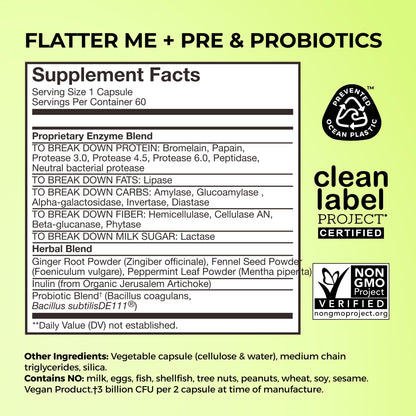 HUM Flatter Me Digestive Enzymes Plus Prebiotics & Probiotics, Digestive Health Bloating Supplement for Women & Men, Fast Acting Anti Bloat Pills Multi Enzyme HUMUS supplements