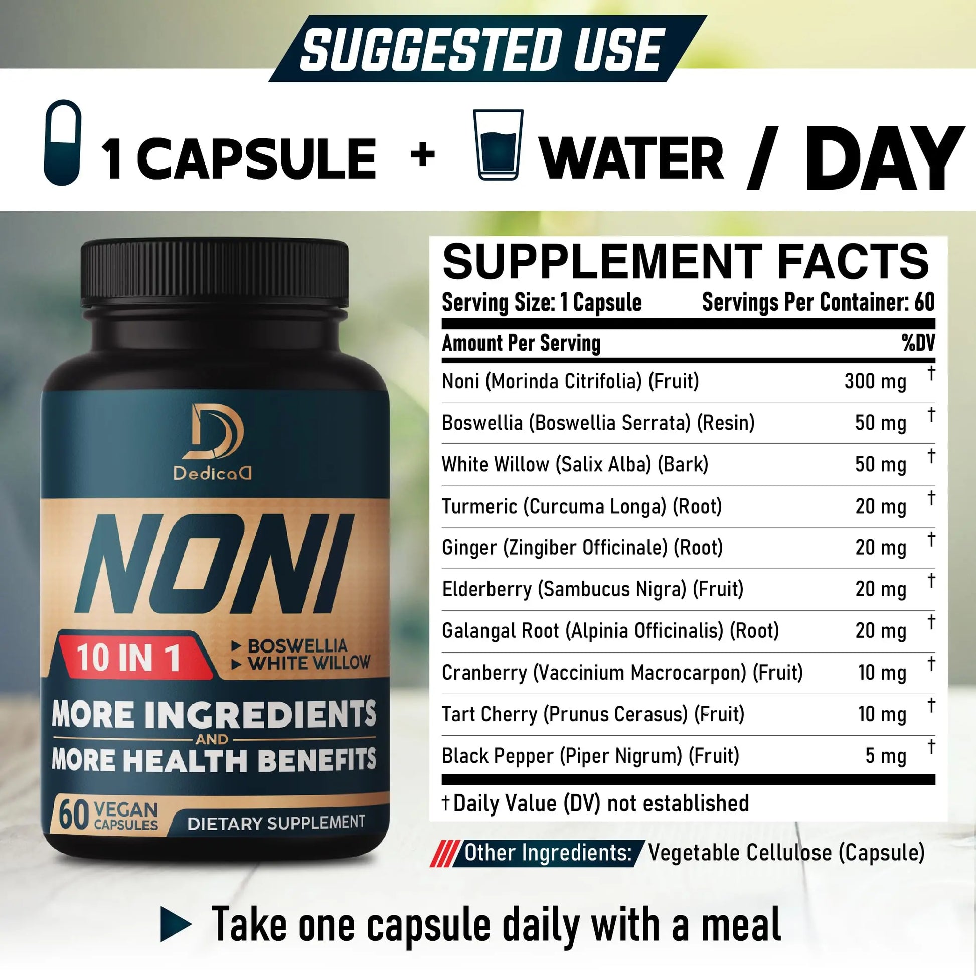 DEDICAD 10in1 Noni Capsules - 4 Month Supply with Elderberry, Boswellia, Turmeric, Ginger & More - Support Muscle, Joint, Digestive & Immune - 2 Packs of 60 Vegan Capsules, Non-GMO & Gluten-Free DEDICADnz supplements
