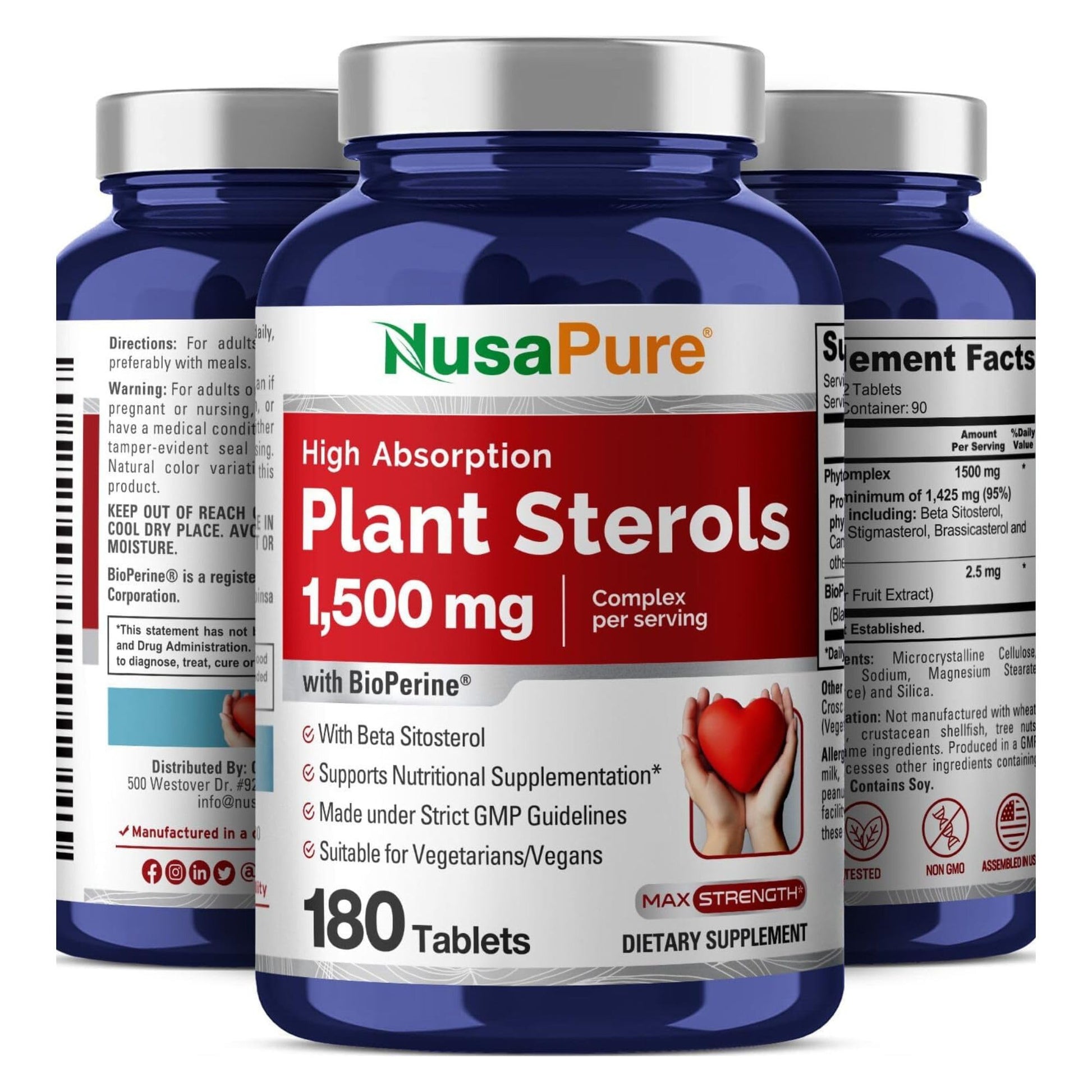 NusaPure Plant Sterols 1500 mg - 180 Tablets (Non-GMO, Vegan) Beta Sitosterol, Bioperine NusaPureAu supplements
