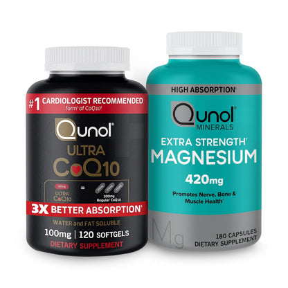 Qunol CoQ10 100mg Softgels, 3X Better Absorption 4 Month Supply + 120 Count Magnesium QunolUS supplements