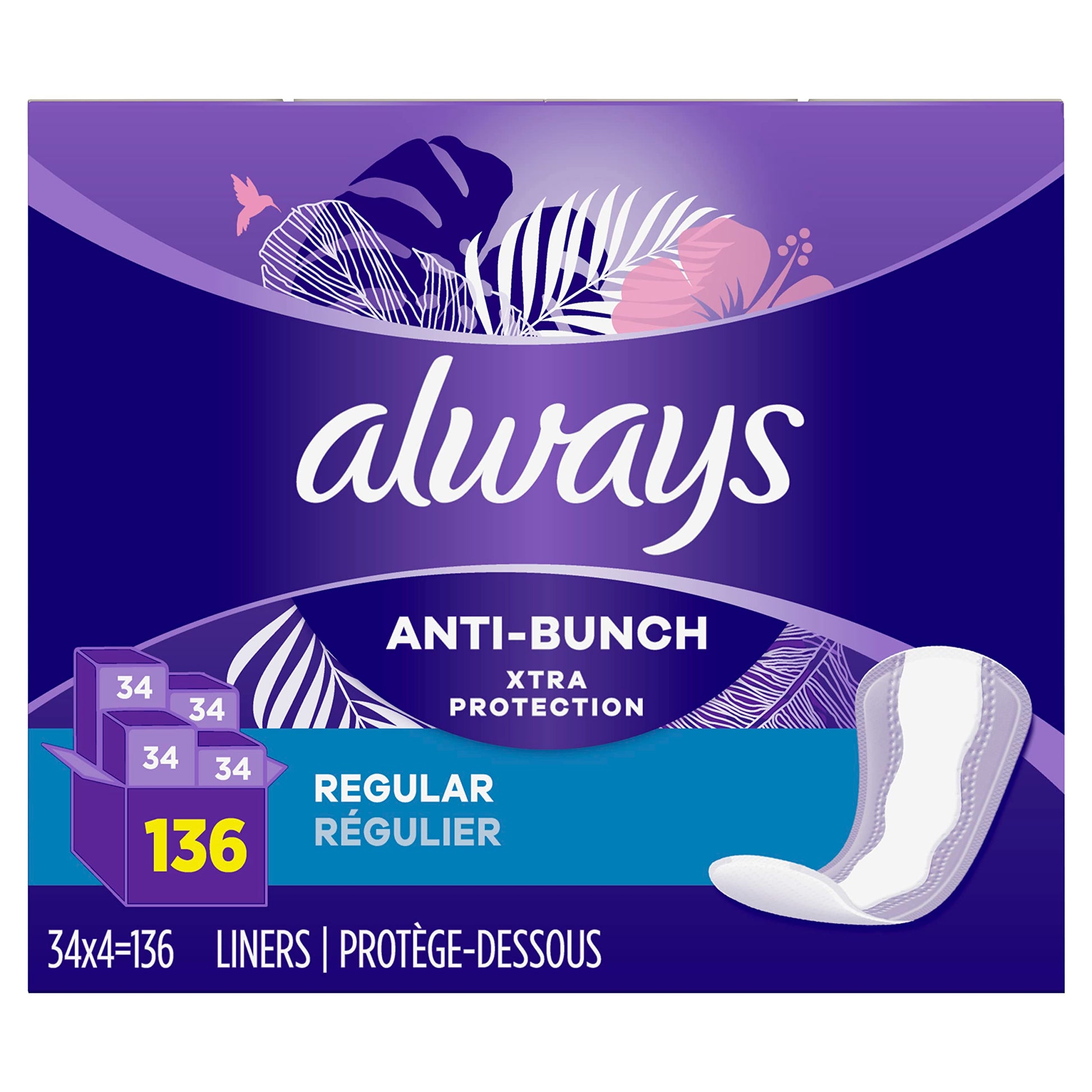 Always Anti-Bunch Xtra Protection Daily Liners, Regular Length, Unscented, 34 Count x 4 AlwaysAu supplements