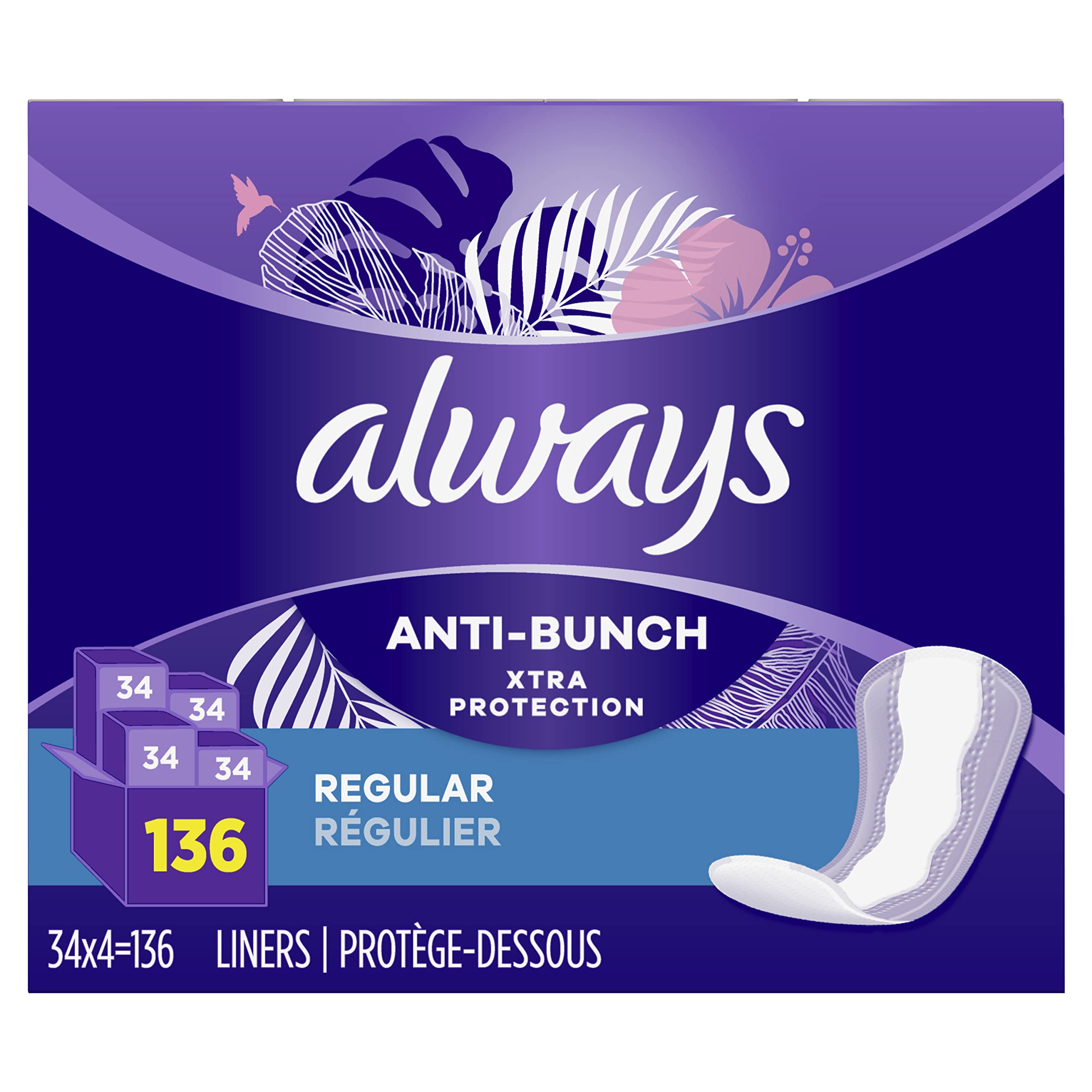 Always Anti-Bunch Xtra Protection Daily Liners, Regular Length, Unscented, 34 Count x 4 AlwaysAu supplements
