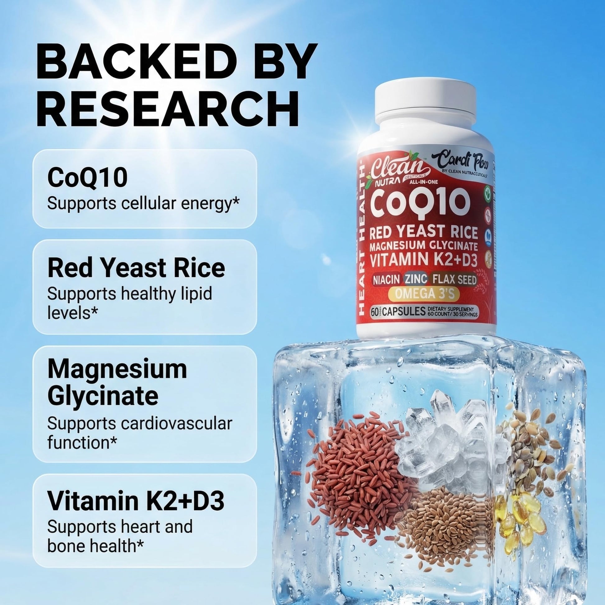 Clean Nutra CoQ10 Red Yeast Rice Magnesium Glycinate Vitamin K2 D3 Niacin Zinc Flax Seed Omega 3 Capsules 60 Count All in One Formula Premium Ingredients Dietary Supplement Clean NutraceuticalsAu supplements