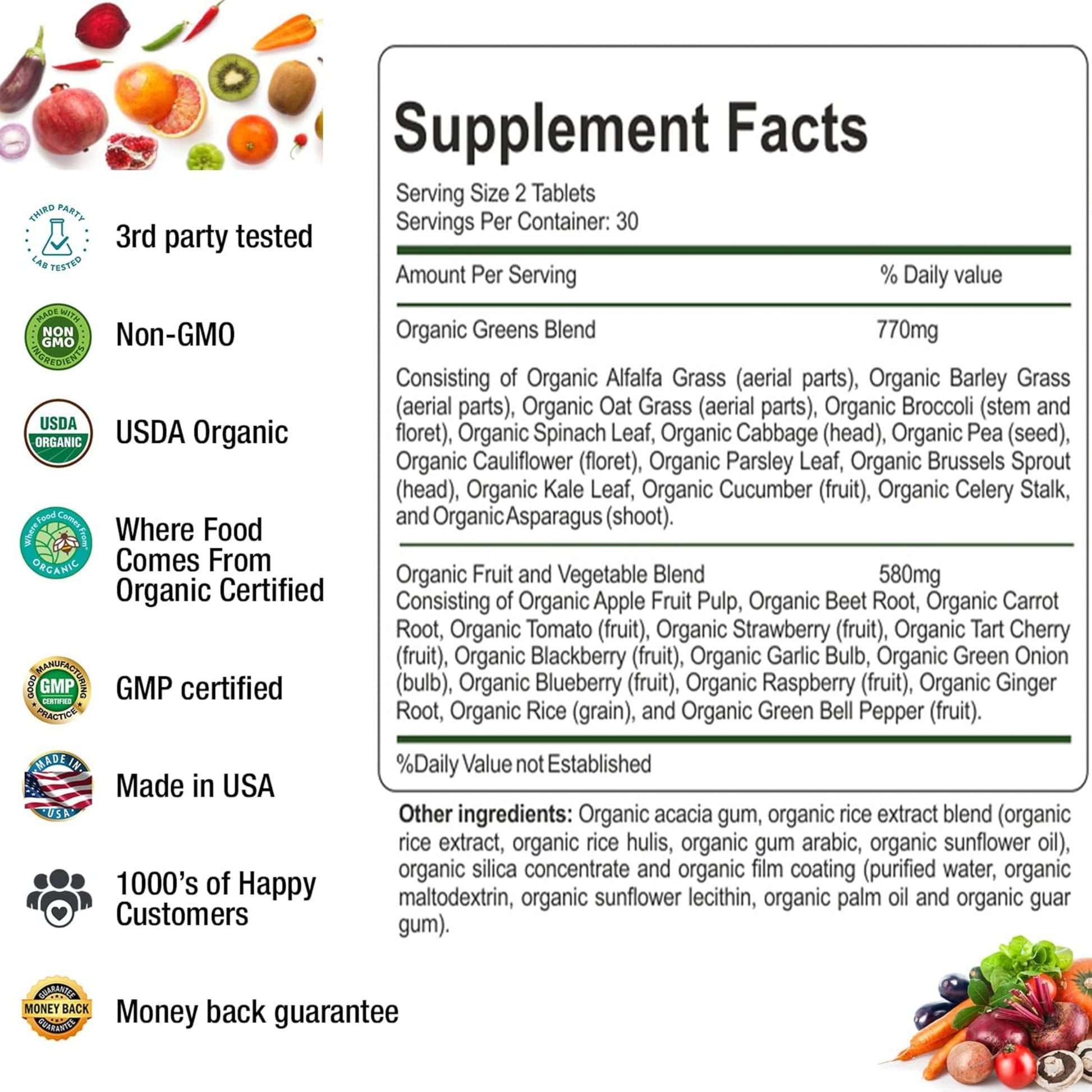 AAMATEC LIFE Organic Superfood Greens Fruits and Veggies Complex - Dietary Supplement with 14 Greens &14 Vegetables with Alfalfa Rich in Antioxidants Organic Ingredients Non-GMO (120 Count Pack of 2) AAMATEC LIFEAu supplements