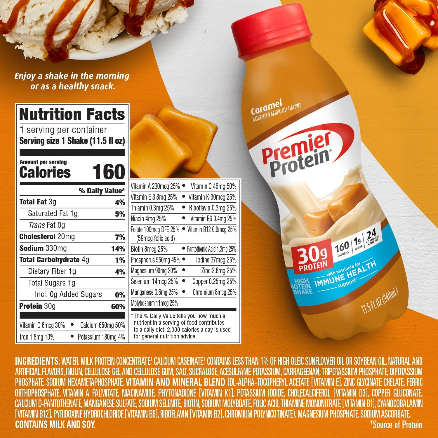 Premier Liquid Protein Shake, Caramel, 30g Protein, 1g Sugar, 24 Vitamins & Minerals Premier ProteinUS supplements