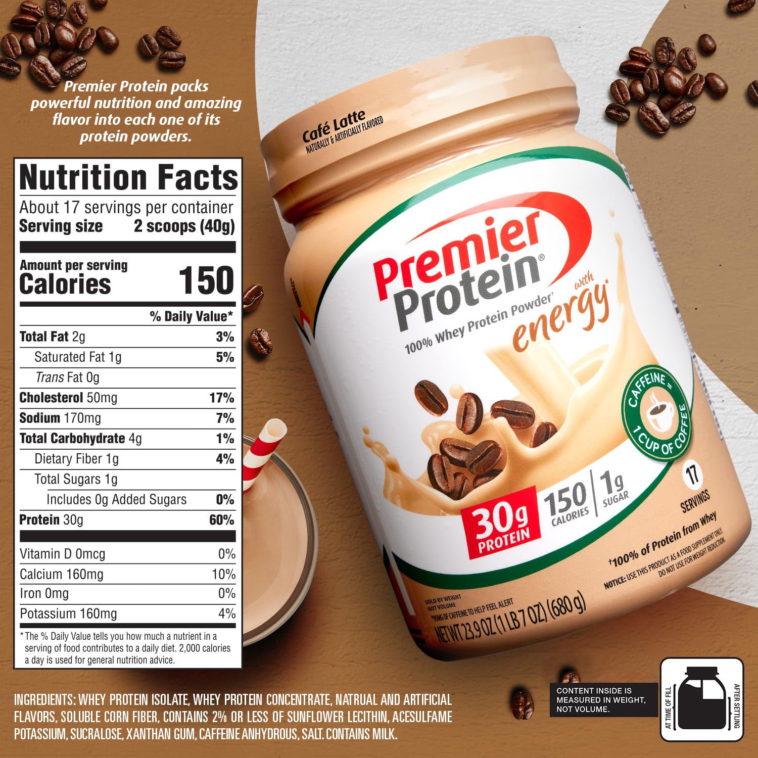 Premier Protein Powder, Cafe Latte , 30g Protein, 1g Sugar, 100% Whey Protein Premier ProteinUS supplements