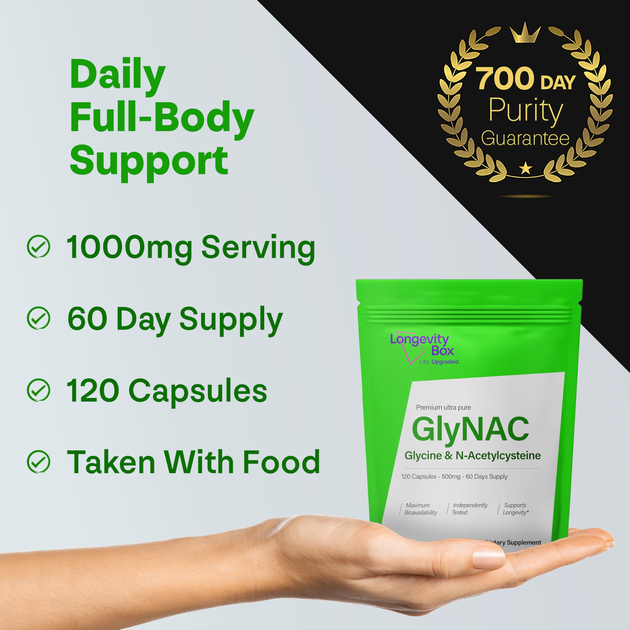 Longevity Box Ultra Pure GlyNAC Supplement 1000mg (500mg Glycine + 500mg N-Acetyl Cysteine) - Glutathione Precursor for Healthy Aging, Energy & Cellular Protection - 120 Vegan Capsules Longevity BoxAu supplements