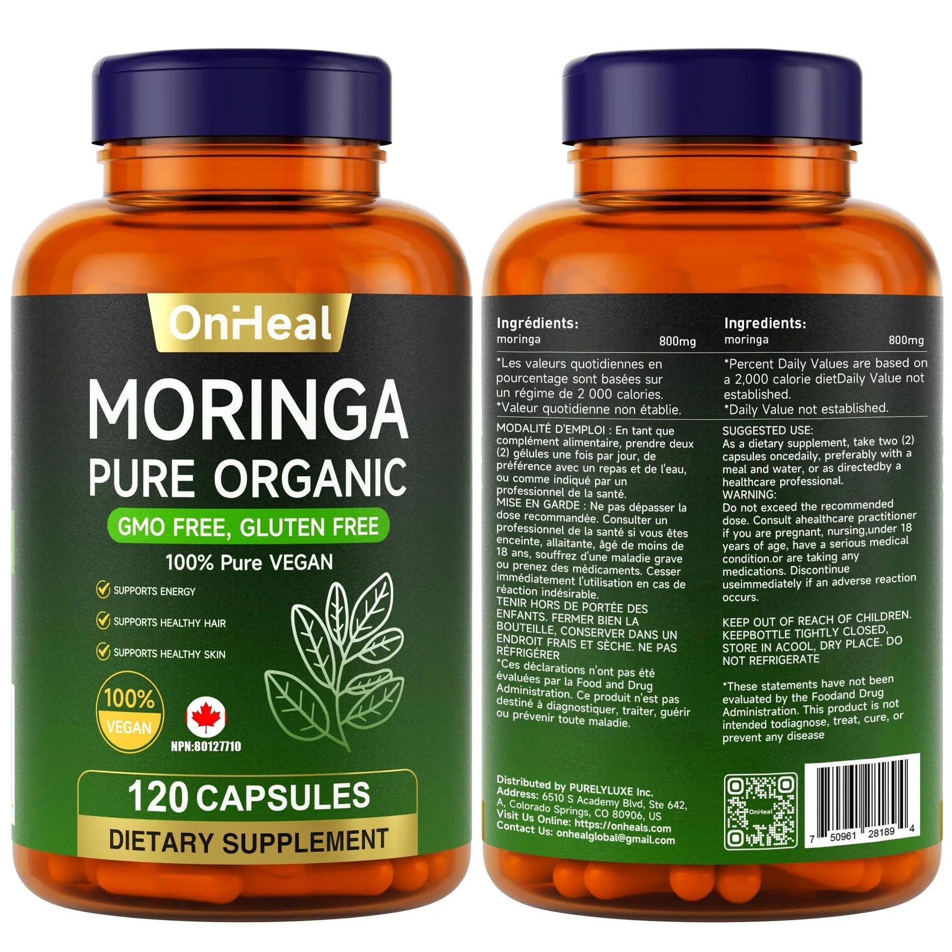 YBFQ Organic Moringa Capsules 1000 mg, 120 Count - Moringa Capsules with Organic Olefeira Powder, Supports Healthy Hair and Skin, Energy and Balance YBFQAu supplements