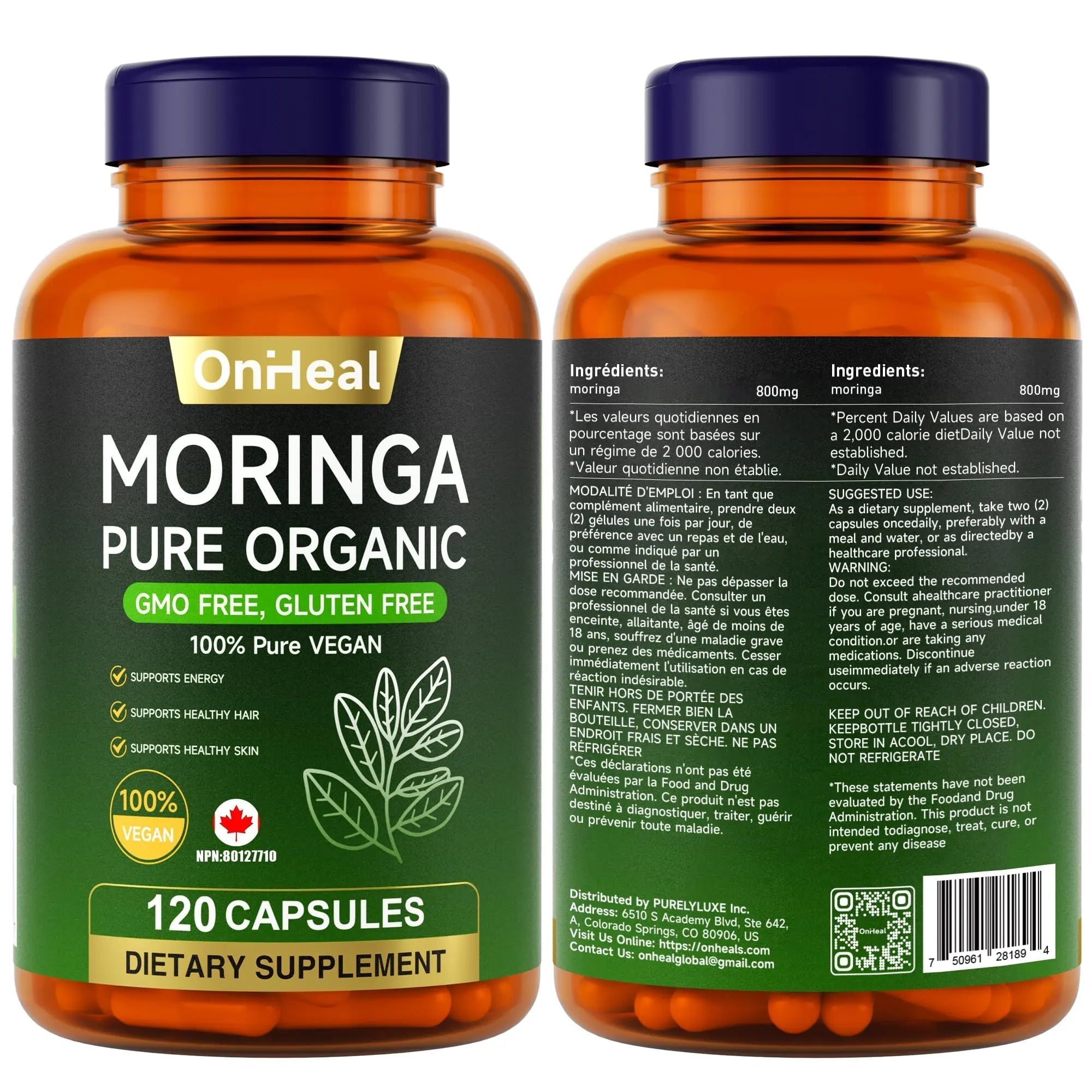 YBFQ Organic Moringa Capsules 1000 mg, 120 Count - Moringa Capsules with Organic Olefeira Powder, Supports Healthy Hair and Skin, Energy and Balance YBFQAu supplements
