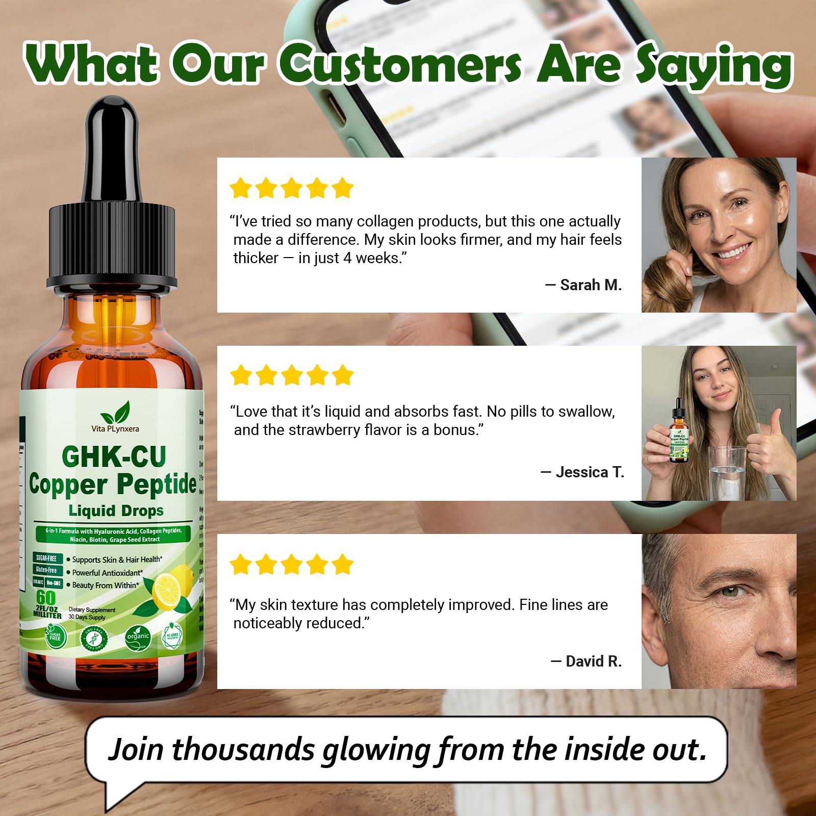 Vita PLynxera GHK-CU Peptide Supplement Liquid Drops, Premium 6-in-1 GHK CU Copper Peptides w. Marine Collagen Hyaluronic Acid Biotin for Anti-Aging, Skin Hair Growth Support, Oral Drops丨Women Men Vita PLynxeraAu supplements