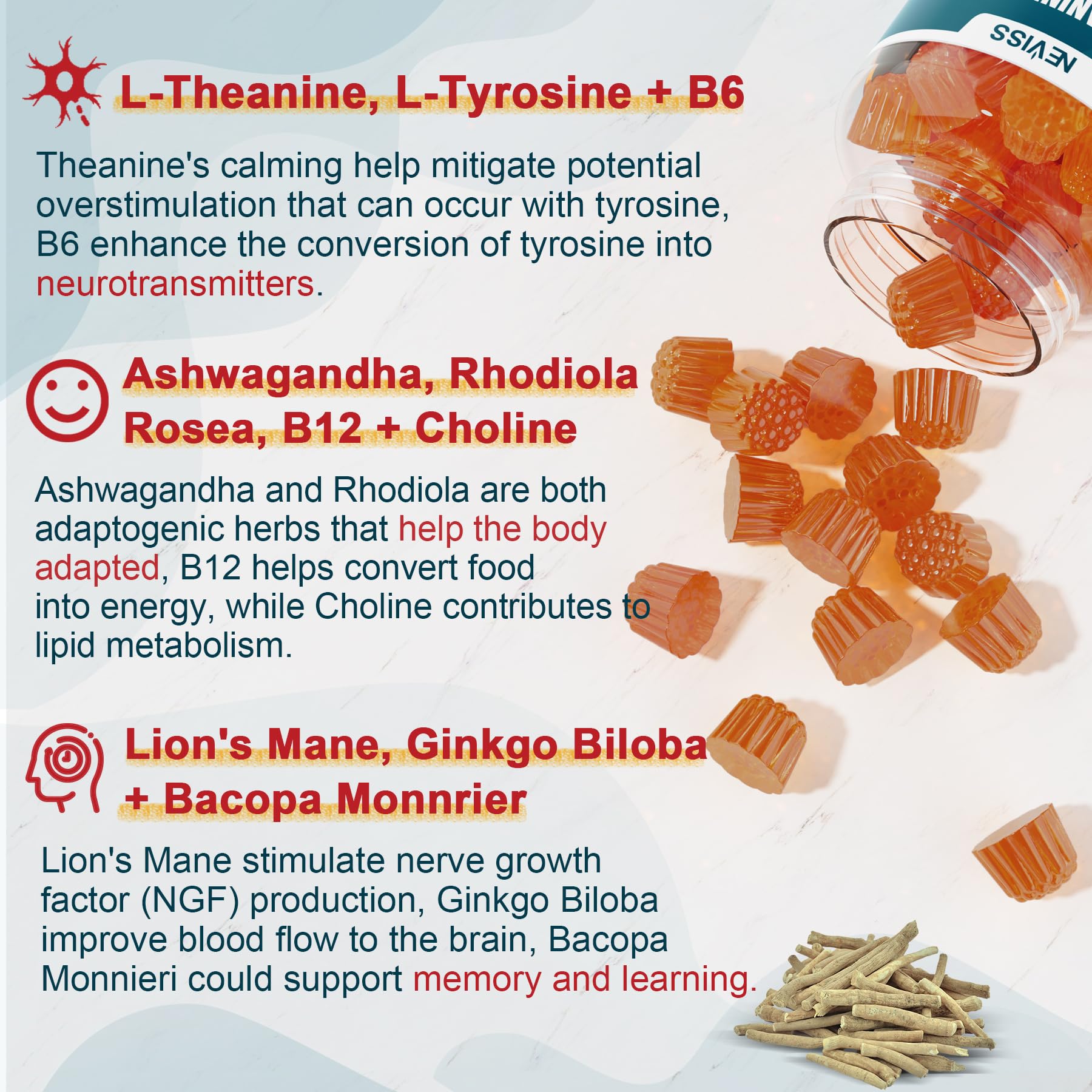 11-IN-1 Brain Supplement for Memory and Focus with L-Tyrosine L-Theanine, Methylated B12 & B6, Lion's Mane Mushroom, Ginkgo Biloba, Bacopa Monnieri, Choline for Focus, Nootropic, Energy, 2Packs NEVISSAu supplements