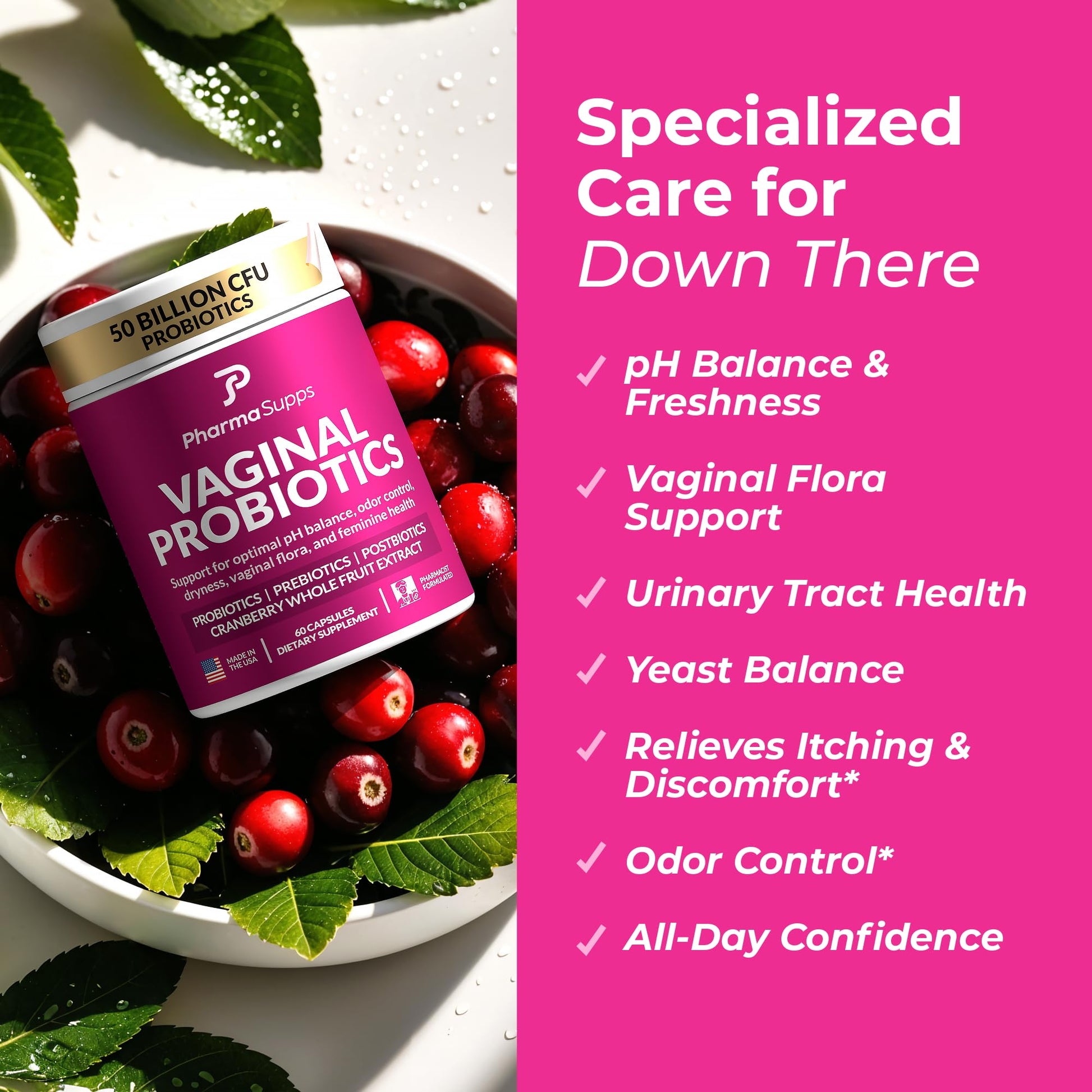 Women’s Probiotic for Vaginal Health | 50 Billion CFU with Probiotics, Prebiotic, Postbiotics & Cranberry for pH Balance, UTI Support, Yeast, Gut Health, Odor, Dryness & Feminine Comfort PharmaSuppsAu supplements