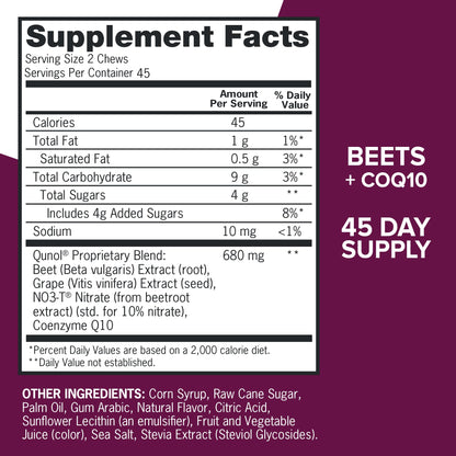 Qunol Beets Chews for Blood Pressure Support, 3 in 1 Beets + CoQ10 + Grape Seed Extract, QunolUS supplements