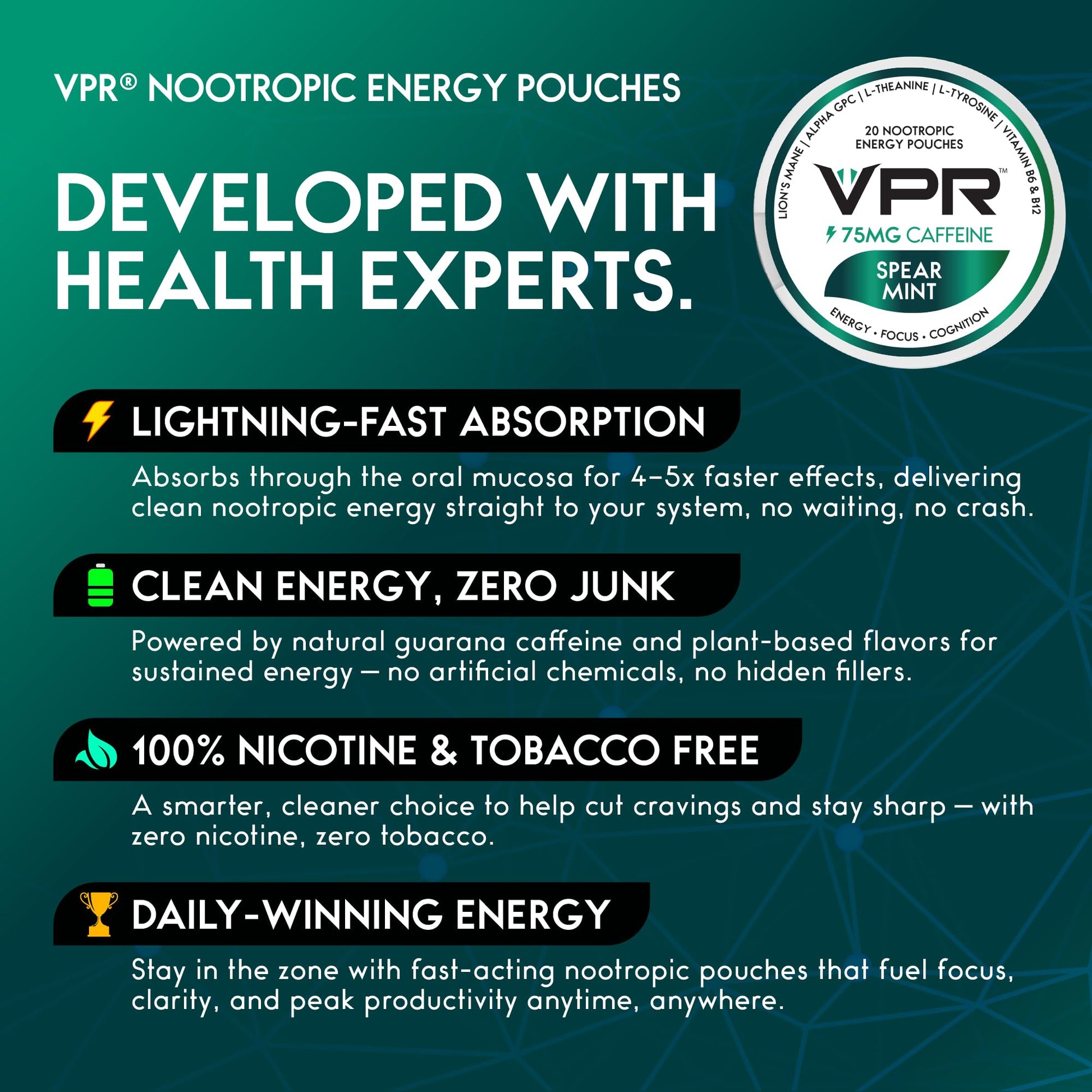 VPR 75MG Caffeine Nootropic Pouches | 20 Count Energy Pouches with Lion's Mane, Alpha-GPC, Vitamin B6 & B12, L-Theanine, and L-Tyrosine | Naturally Flavored Focus Pouches with No Sugar (Variety Pack) VPR EnergyAu supplements