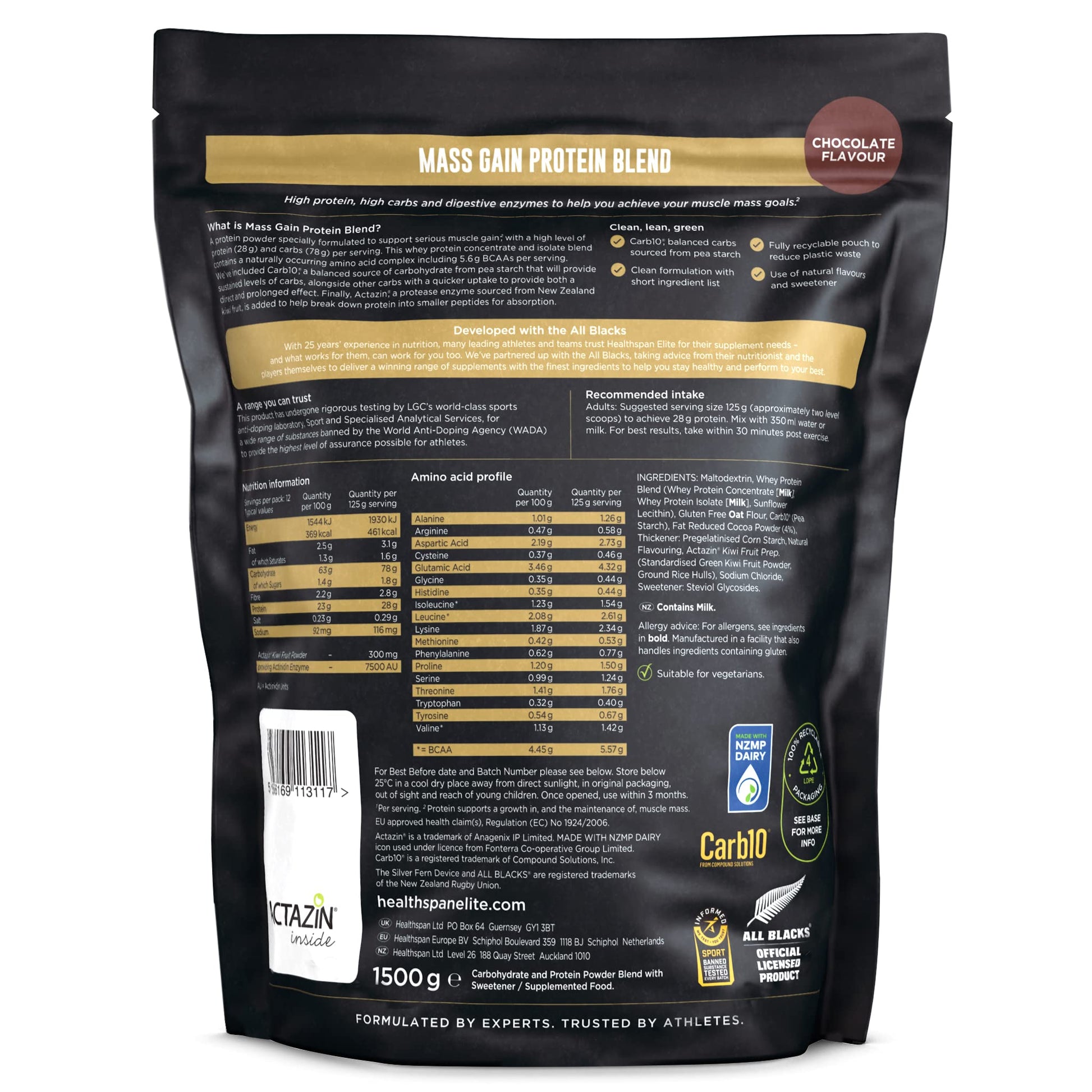 Healthspan Elite All Blacks Mass Gain Protein Blend (1500g) | Chocolate | 28g of Protein Healthspan EliteAu supplements