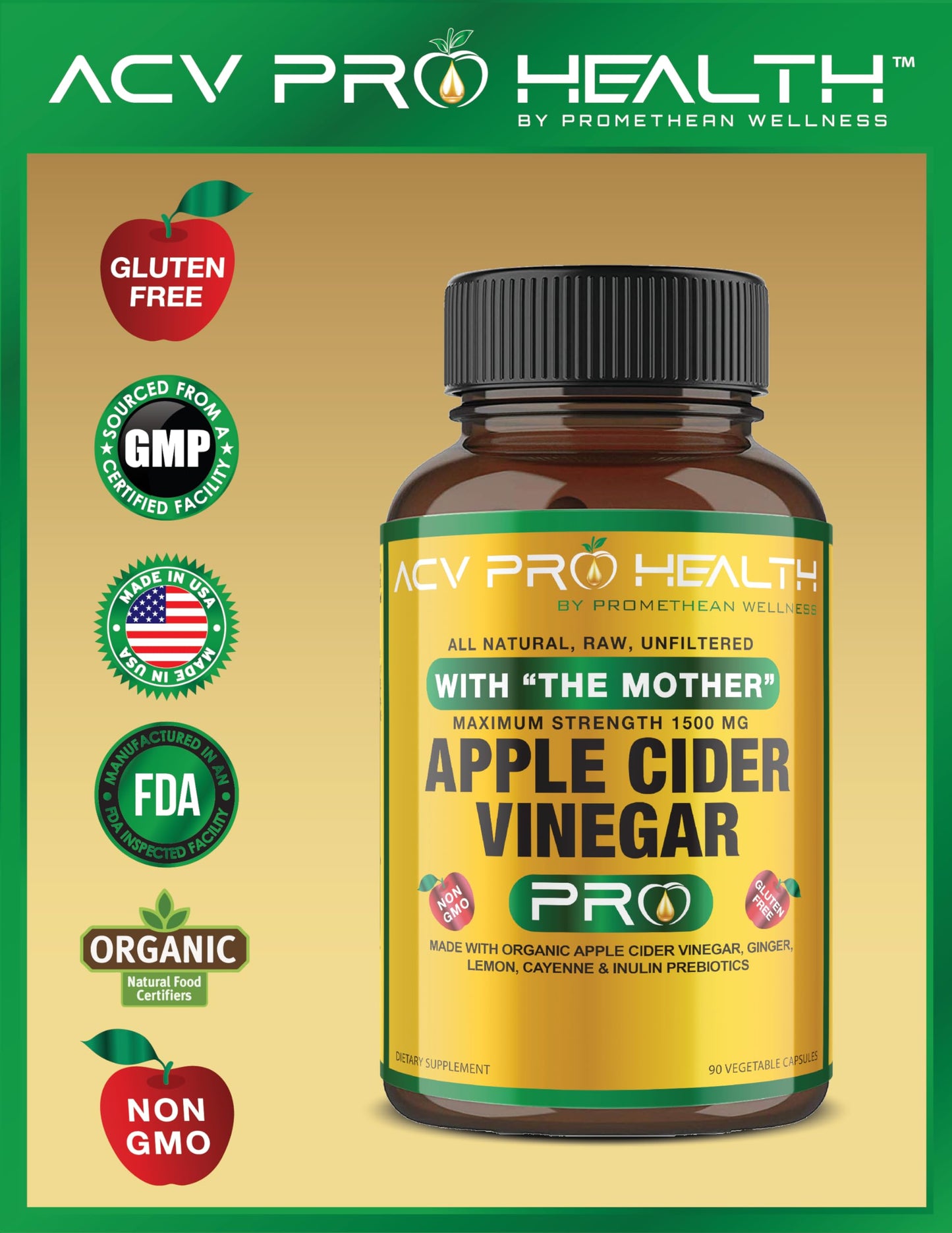 Certified Organic Apple Cider Vinegar Capsules Pro with Mother Acv Pills Detox Promethean WellnessUS supplements