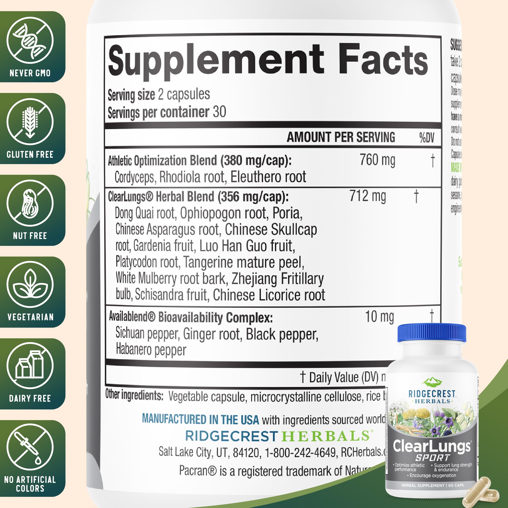 Ridgecrest Herbals ClearLungs Sport, Oxygen Intake and Lung Support Formula with Cordyceps, Rhodiola, Eleuthero (60 Vegan Caps, 30 Serv) RidgeCrest HerbalsAu supplements