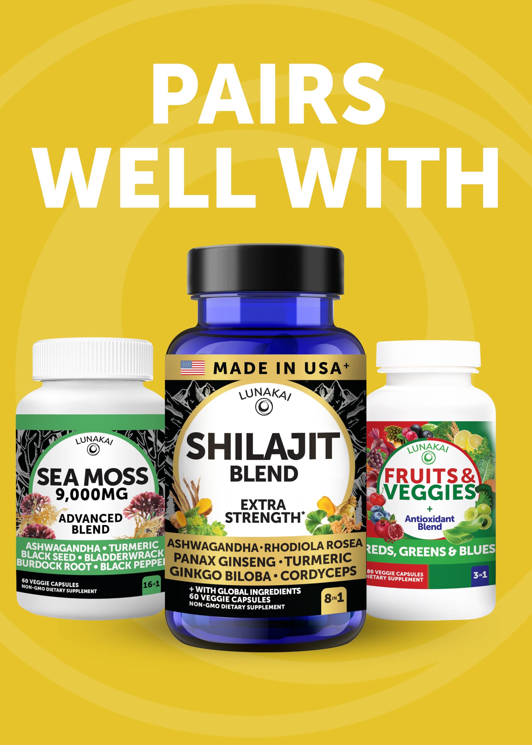 Lunakai USA Made Pure Shilajit Capsules with Ashwagandha, Rhodiola & Cordyceps - Extra Strength Shilajit Extract for Men & Women, 60ct LunakaiAu supplements