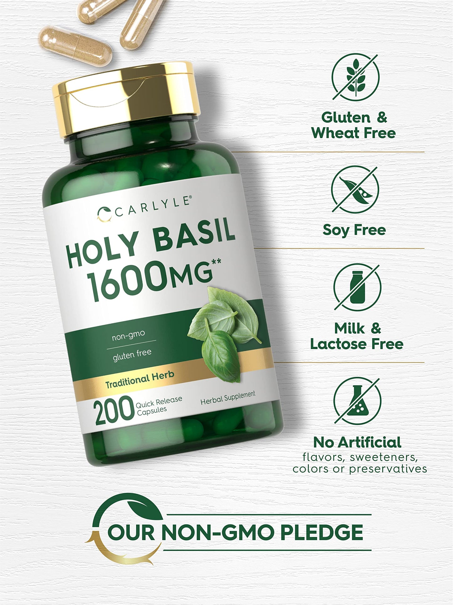 Carlyle Holy Basil Capsules 1600 mg | 200 Count | Tulsi Holy Basil Leaf Extract | Herbal CarlyleUS supplements