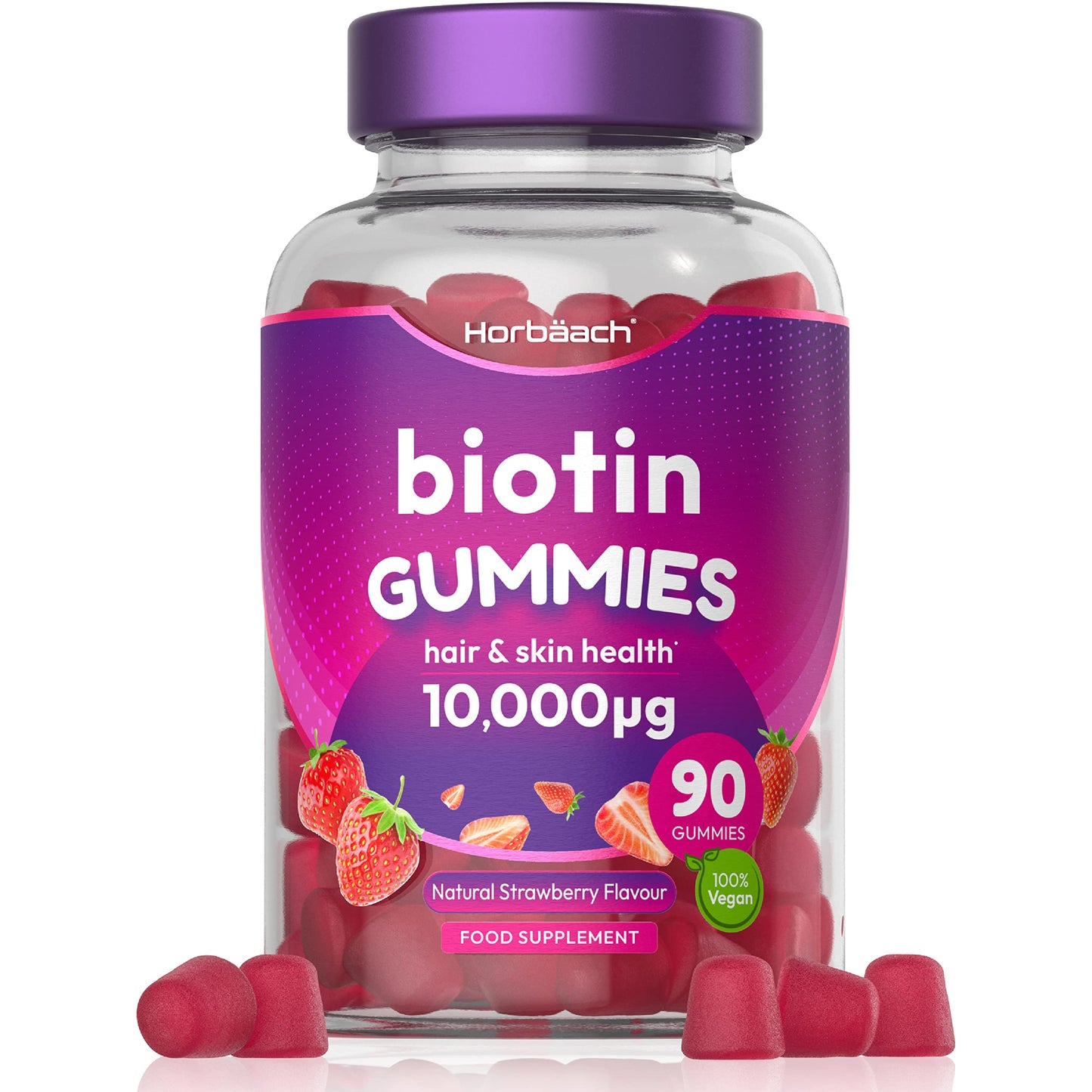 Biotin Gummies 10,000mcg | 90 Vegan Vitamins | Natural Strawberry Flavour HorbäachUS supplements