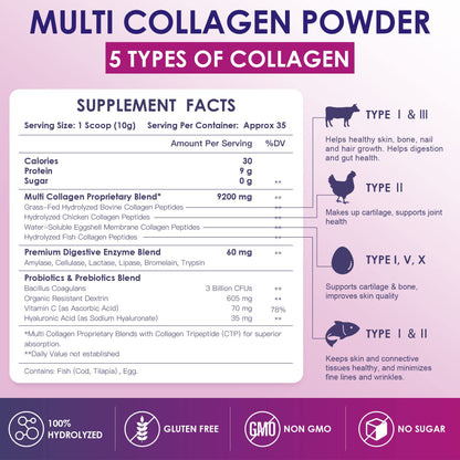 NATURE TARGET Multi Collagen Peptides Powder - Type I, II, III, V, X - Hydrolyzed Collagen Peptides with Vitamin C Hyaluronic Acid, Supports Skin Hair Nail & Joint NATURE TARGETUS supplements