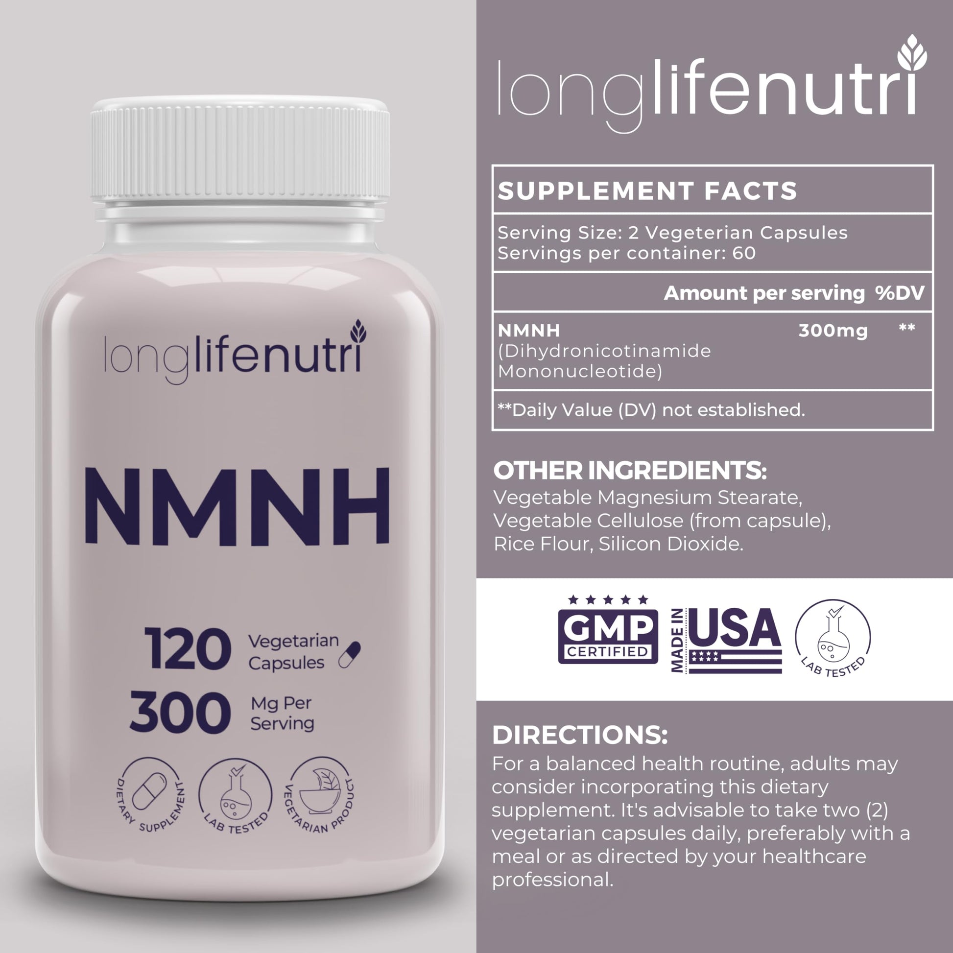LongLifeNutri NMNH 300mg (Dihydronicotinamide Mononucleotide) - 120 Vegan Capsules, 2-Month Supply, NMN Alternative, NAD Supplement for Energy & Longevity, Lab Tested, Made in USA LongLifeNutriAu supplements