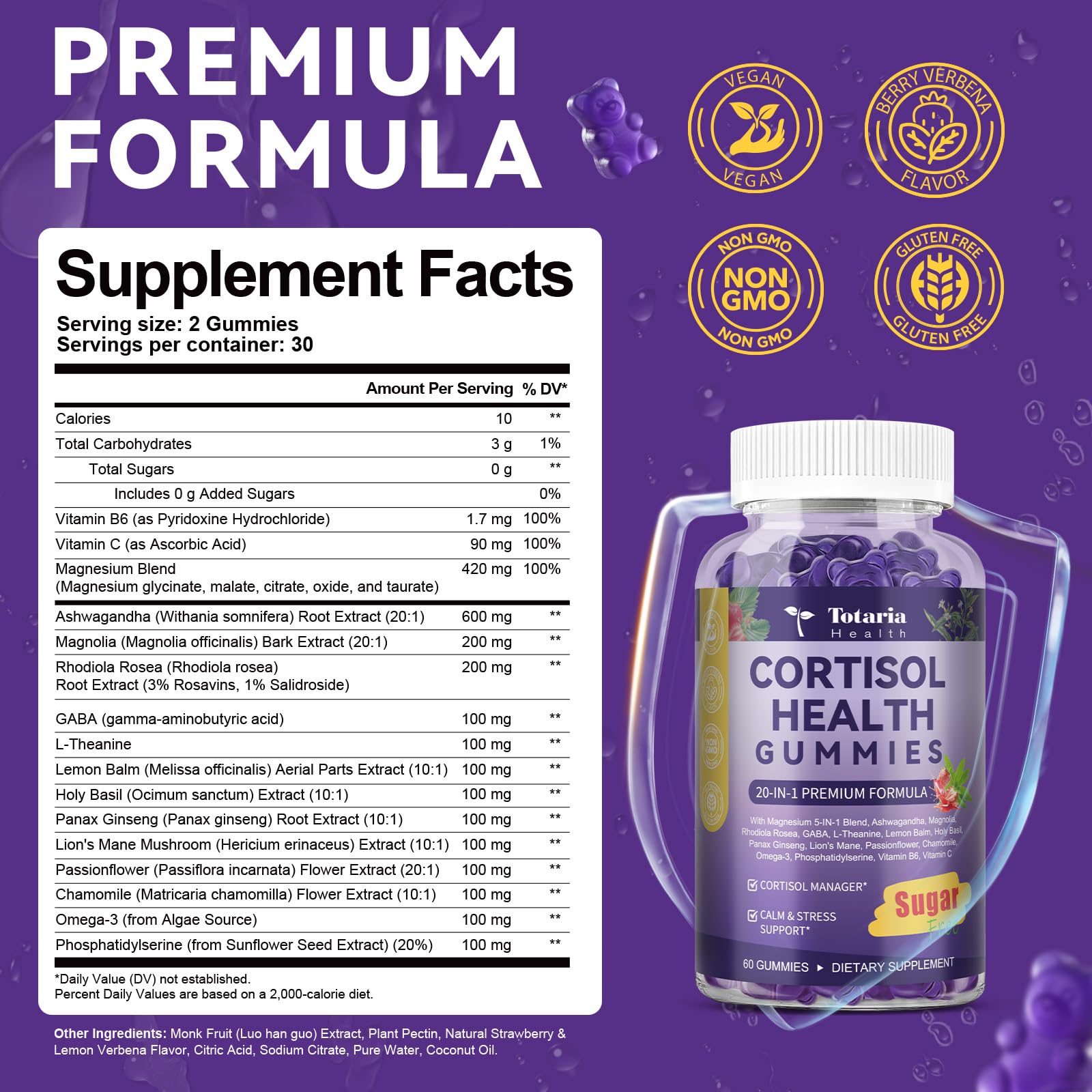 Cortisol Supplements for Women & Men 20-in-1 Cortisol Gummies with Ashwagandha Rhodiola Rosea Magnesium Phosphatidylserine Calm Focus Mood Support Healthy Cortisol Levels 30 Day Supply TotariaAu supplements