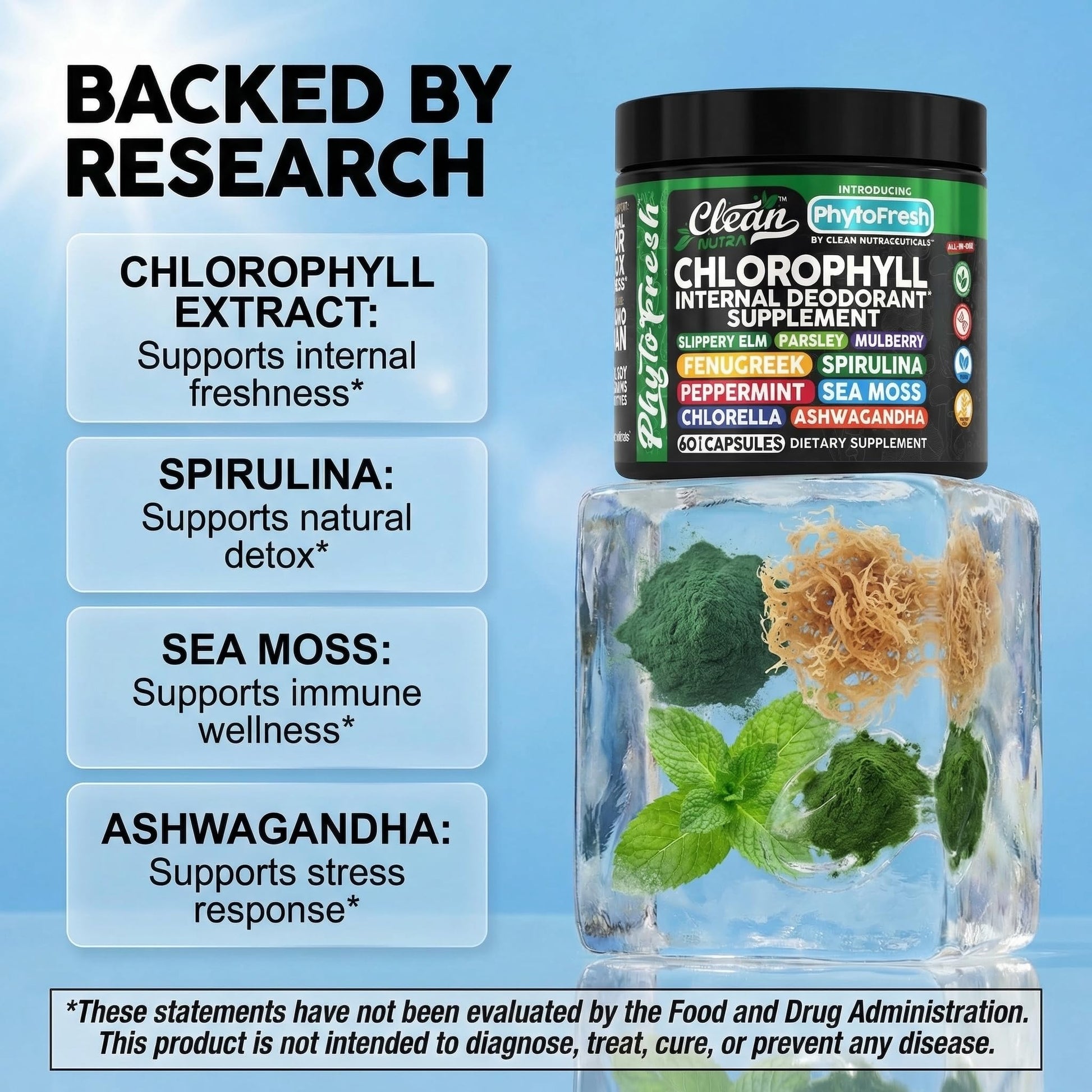 Clean Nutra Chlorophyll Capsules Supplement Internal Deodorant Peppermint, Sea Moss, Parsley, Chlorella, Spirulina, Slippery Elm, Ashwagandha, PhytoFresh Greens Detox Pills Clean NutraceuticalsAu supplements