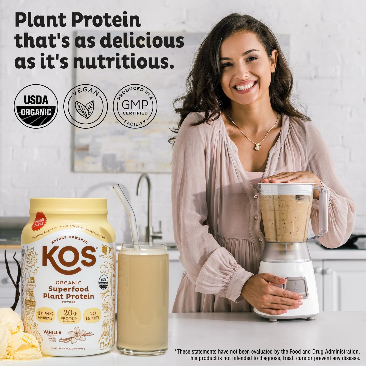 KOS Vegan Protein Powder Erythritol Free, Vanilla USDA Organic - Pea Protein Blend, Plant Based Superfood Rich in Vitamins & Minerals - Keto, Dairy Free - Meal Replacement for Women & Men, 28 Servings KOSUS supplements