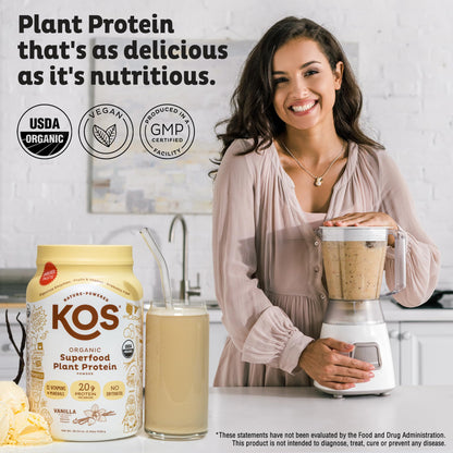 KOS Vegan Protein Powder Erythritol Free, Vanilla USDA Organic - Pea Protein Blend, Plant Based Superfood Rich in Vitamins & Minerals - Keto, Dairy Free - Meal Replacement for Women & Men, 28 Servings KOSUS supplements