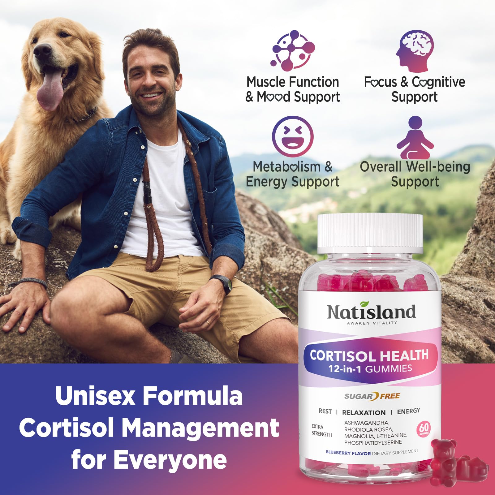 Cortisol Gummies, 12-in-1 Cortisol Reducer, with Magnesium Glycinate, Ashwagandha, L-Theanine, Phosphatidylserine, Vitamin B6 & D3, Rhodiola Rosea, for Men & Women, Sugar-Free, Vegan, NON-GMO, 60CT NATISLANDAu supplements