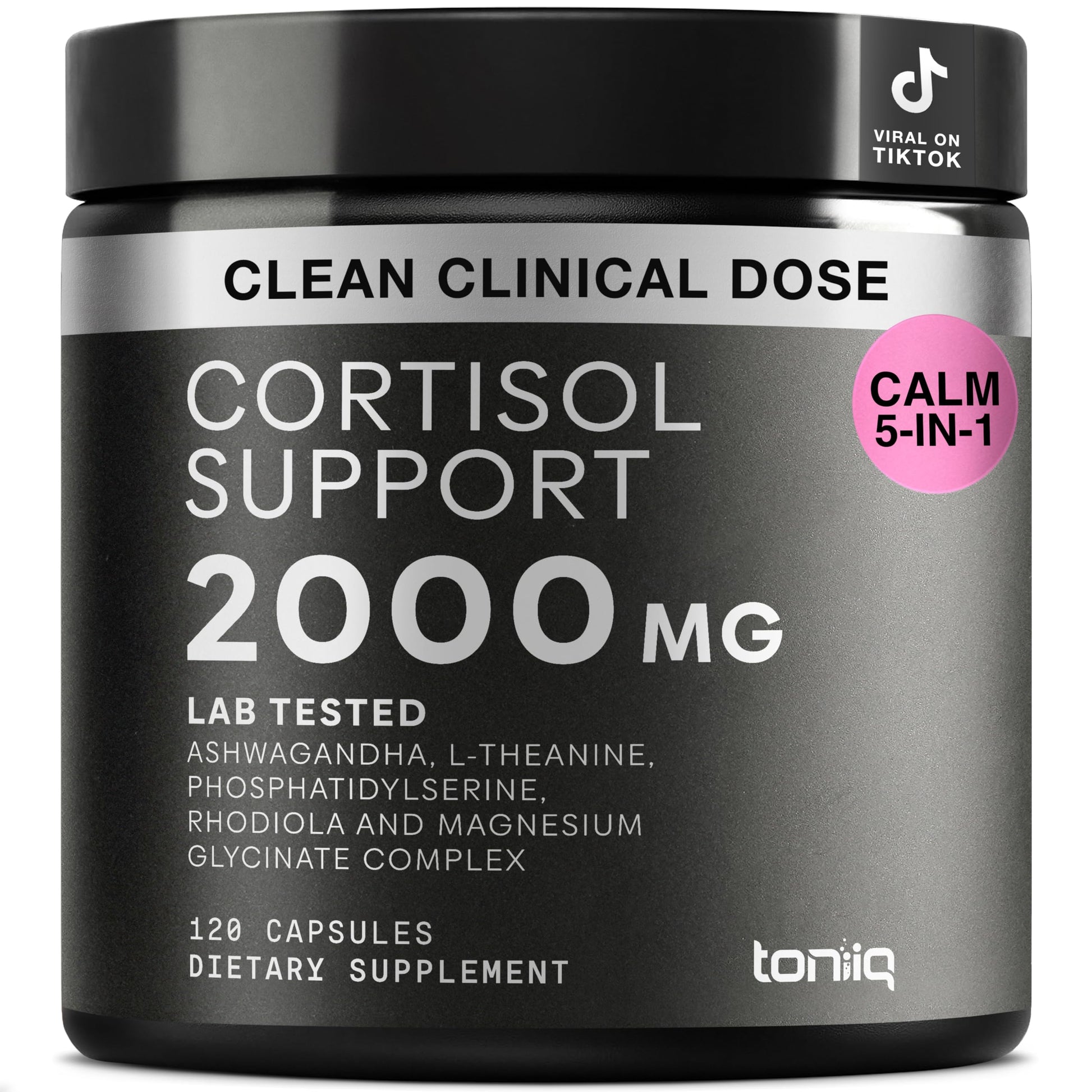 Cortisol Supplement for Women and Men — Calm, Balanced-Strength 5-in-1 Non-Drowsy, Third-Party Tested with Magnesium Glycinate, Ashwagandha, L-Theanine, Phosphatidylserine, Rhodiola — 120 Capsules ToniiqAu supplements