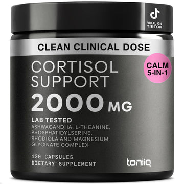 Cortisol Supplement for Women and Men — Calm, Balanced-Strength 5-in-1 Non-Drowsy, Third-Party Tested with Magnesium Glycinate, Ashwagandha, L-Theanine, Phosphatidylserine, Rhodiola — 120 Capsules ToniiqAu supplements