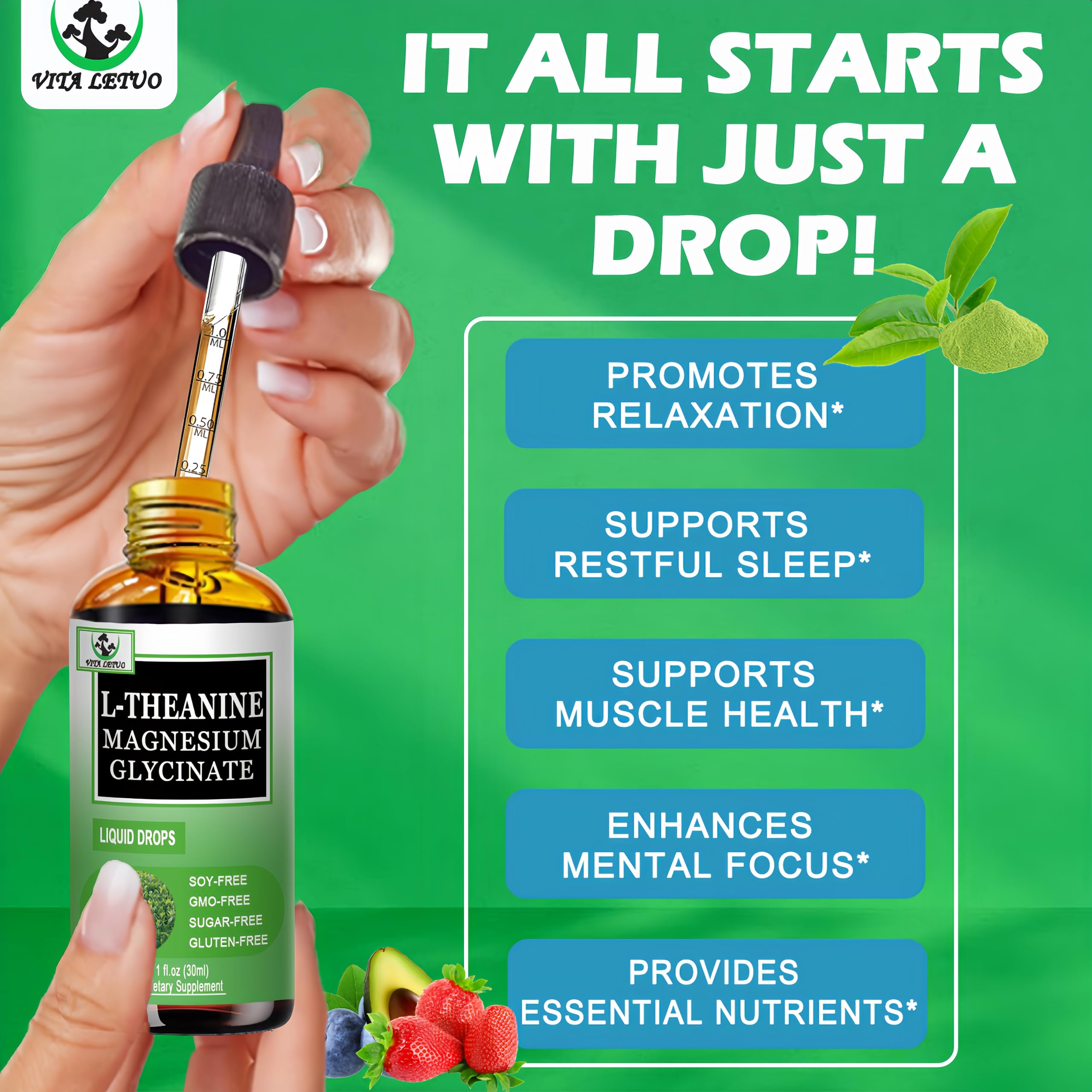 L Theanine Drops, Liquid L-Theanine Supplement 200mg w/Magnesium Glycinate,Vitamins,Fiber for Relaxation,Sleep,Digestion, Calm,High Absorption Mood Support for Adults & Kids,Plant Based,Non-GMO Vita letuoAu supplements