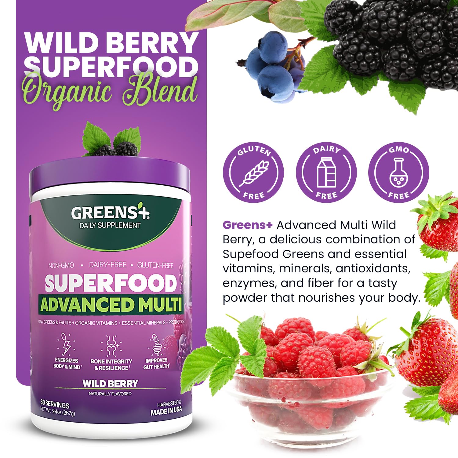 Greens+ Advanced Multi Wild Berry Superfood Powder, Organic Blend, Vegan, Non-GMO, Soy-Free, Dairy-Free, Gluten-Free, Dietary Supplement with Vitamins & Minerals, 9.4 oz Greens+Au supplements
