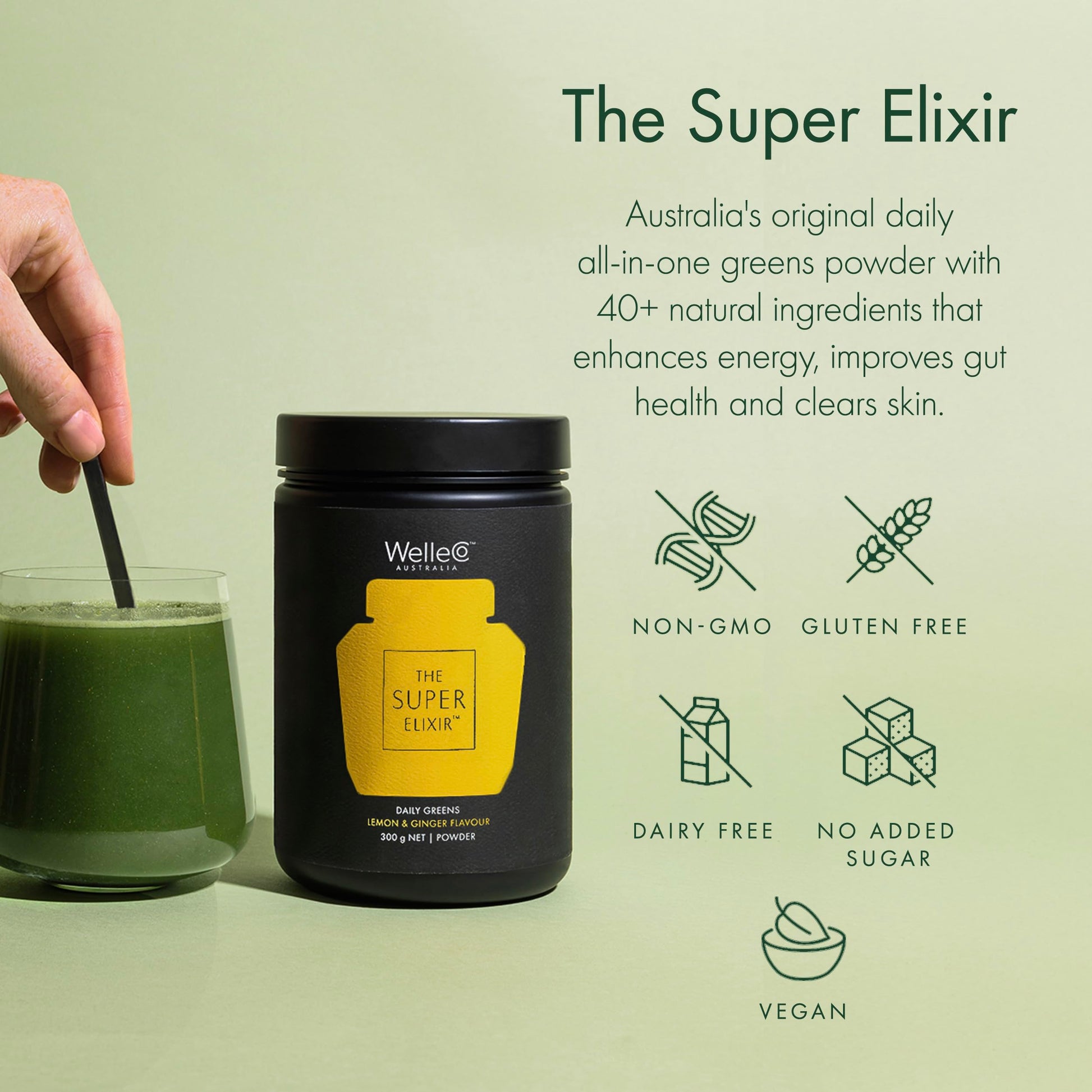 WelleCo The Super Elixir Daily Greens Powder, Probiotic Drink Mix with Whole Foods, Gluten Free, Vegan Gut Health Powder, Energy, Immunity, Healthy Skin, Hair & Nails (300g, Lemon Ginger) WelleCoAu supplements