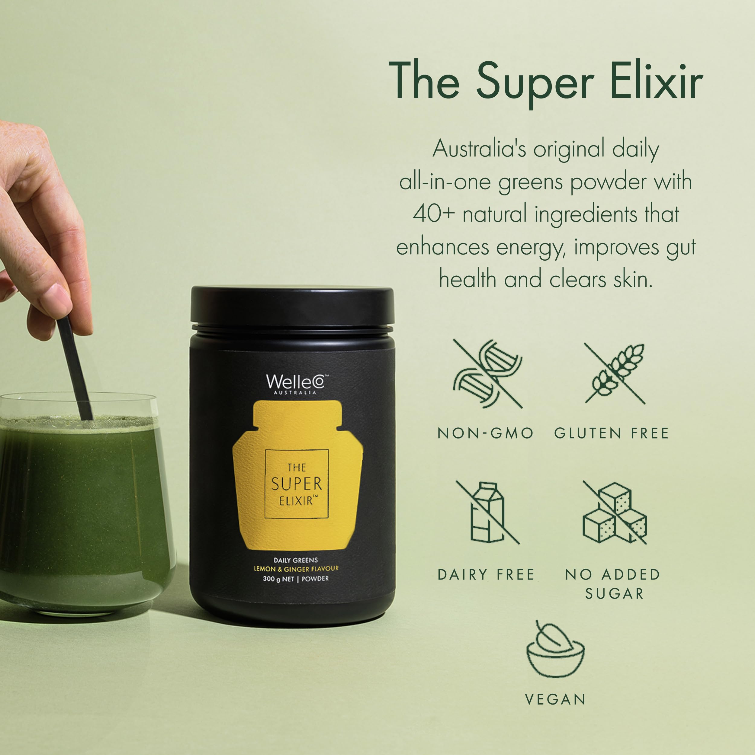 WelleCo The Super Elixir Daily Greens Powder, Probiotic Drink Mix with Whole Foods, Gluten Free, Vegan Gut Health Powder, Energy, Immunity, Healthy Skin, Hair & Nails (300g, Lemon Ginger) WelleCoAu supplements