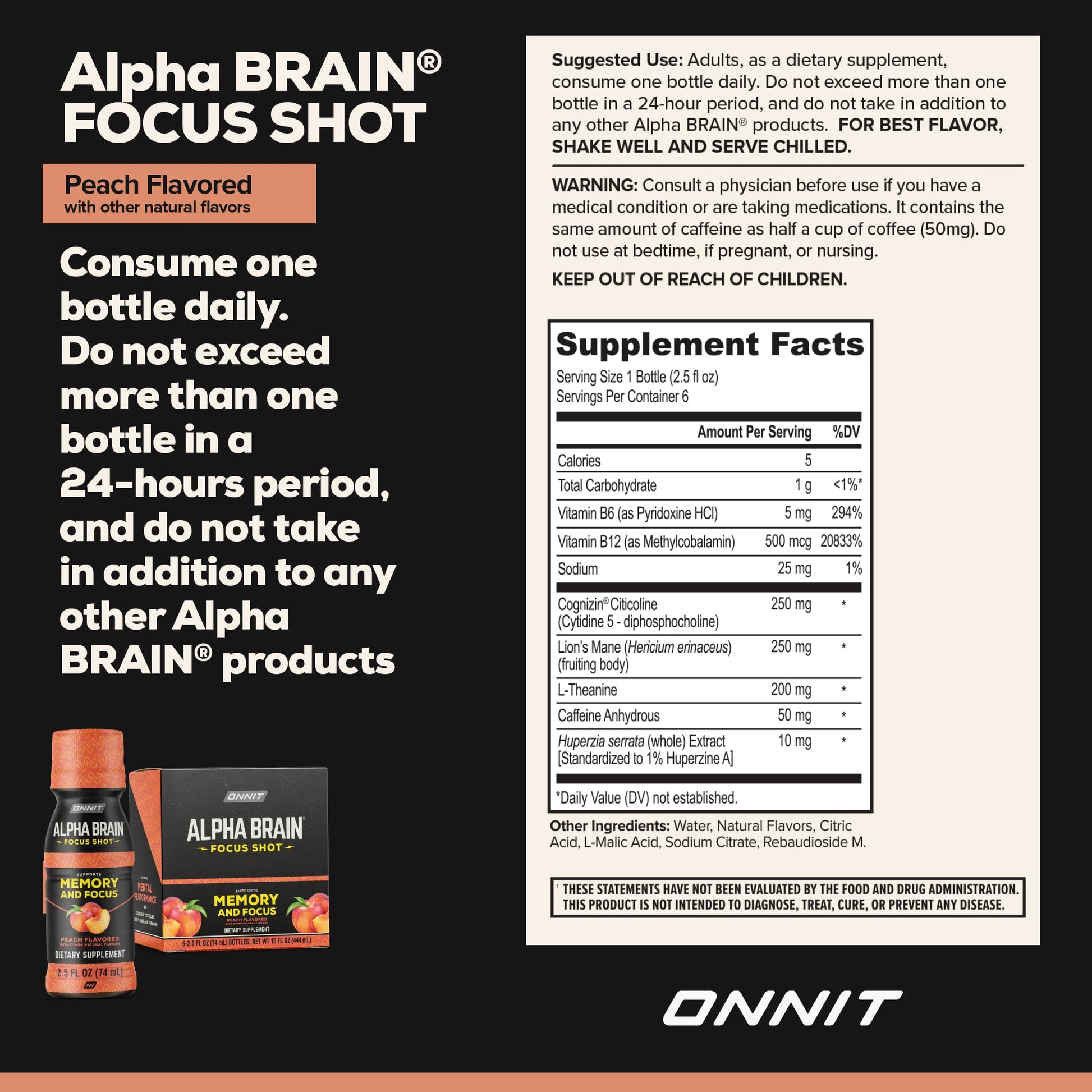 ONNIT Alpha Brain Focus Shot, Peach Flavor, Nootropic Dietary Supplement Drink That Supports Energy, Focus, and Mood, IGEN™ Non-GMO Tested, 2.5 fl oz, 6 Count ONNITAu supplements