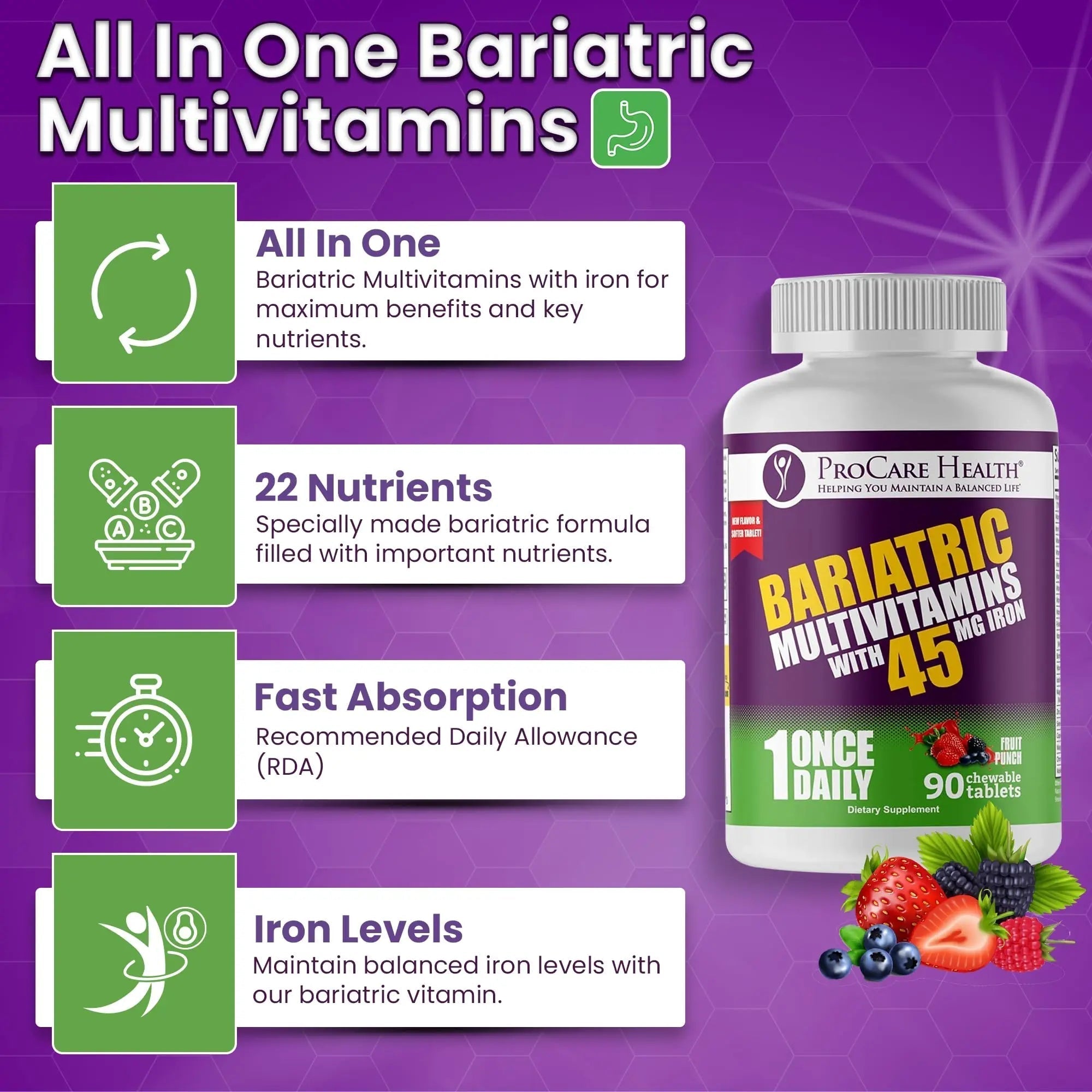 Procare Health Bariatric Multivitamin with Iron 45mg Chewable (90 Tablets) - Fruit Punch Flavor Bariatric Multivitamin Chewable Pills for Gastric Bypass ProCare HealthAu supplements