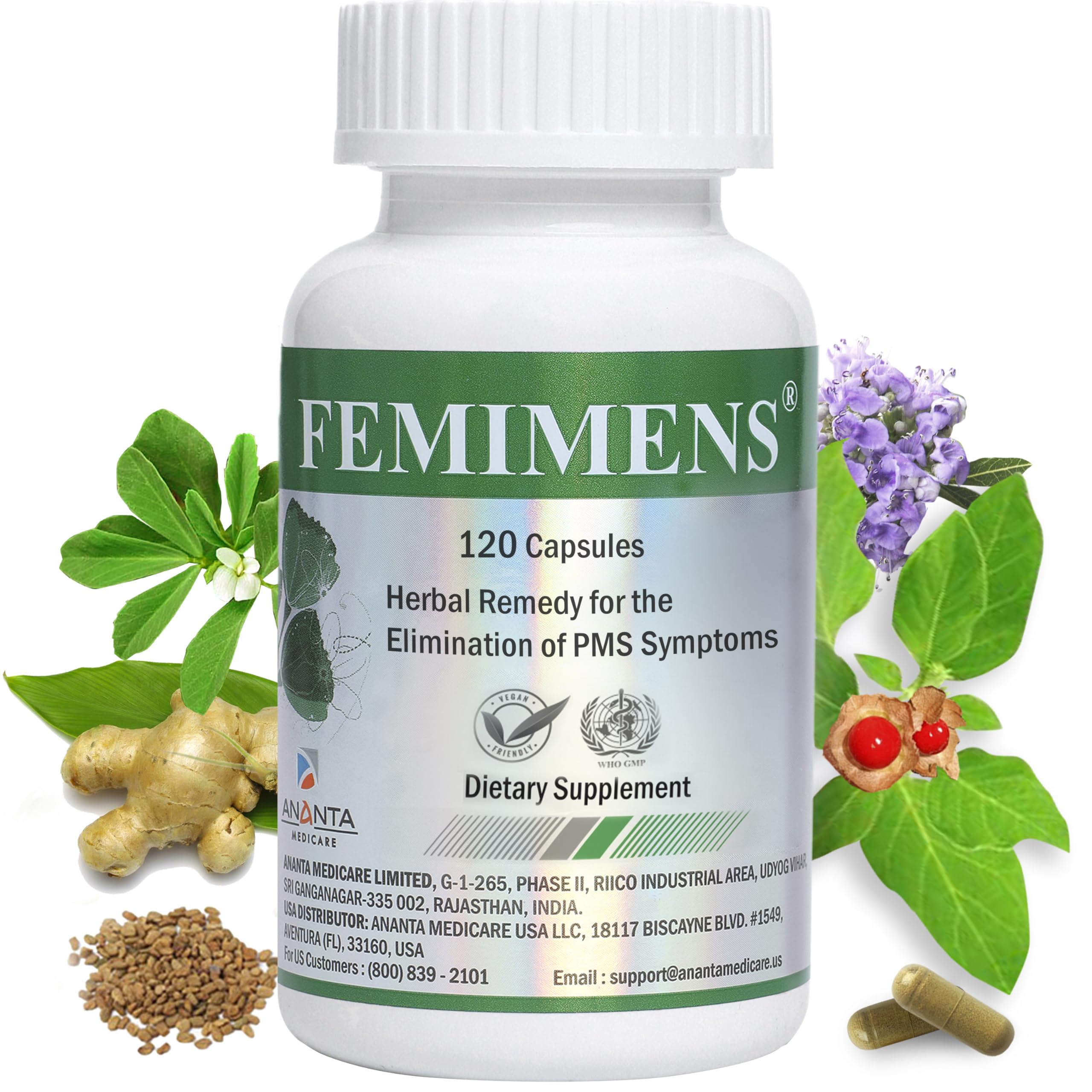 FEMIMENS – PMS Support Supplement for Women – PMS Relief for Women & Menstrual Cramp Relief – Hormonal Balance for Women – Chasteberry Vitex, Ashwagandha, Ginger, Fenugreek – 120 Vegan Capsules Ananta Medicare USAAu supplements