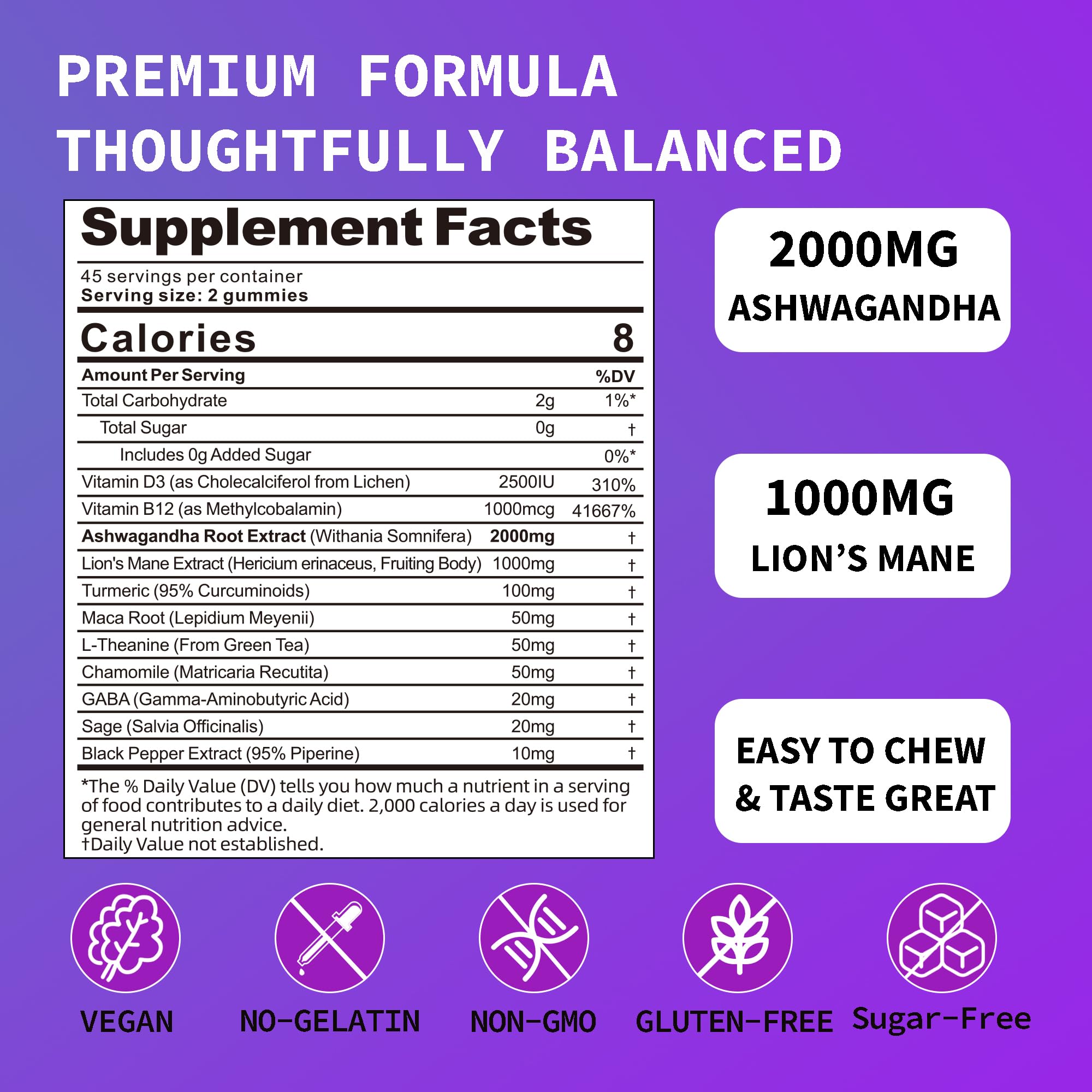 Ashwagandha Gummies - 2000MG Organic Ashwagandha & Lions Mane Gummies for Adults with Vitamin D3 B12, L-Theanine, Cortisol Supplements for Women & Men, Sugar-Free, Vegan, Berry Flavor - 90 Counts BrixxlorAu supplements