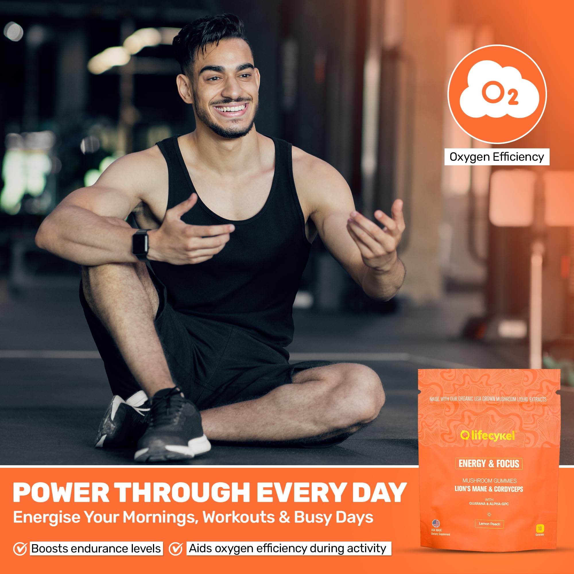 Life Cykel - AM Energy and Focus Mushroom Gummies, 10 Count - Organic Lion's Mane Gummies with Cordyceps, Guarana & Alpha GPC for Mental Clarity, Natural Energy, Endurance & Focus - Lemon Peach Flavor Life CykelAu supplements