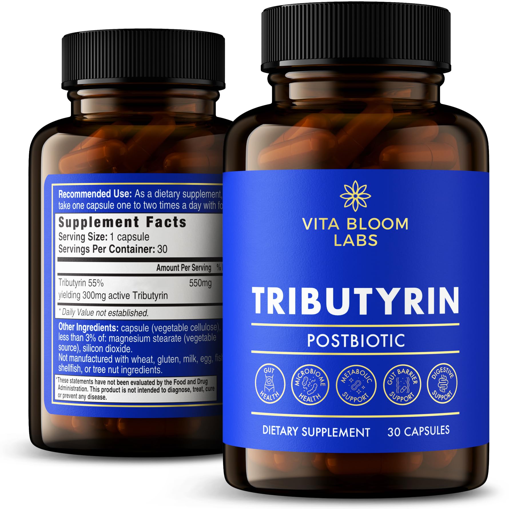 Tributyrin Supplement - Better Delivery & More Effective than Sodium Butyrate - Gut Health & Digestive Support - 3-in-1 Butyrate Postbiotics for Leaky Gut & Gut Barrier Support - 30 Capsules Vita Bloom LabsAu supplements