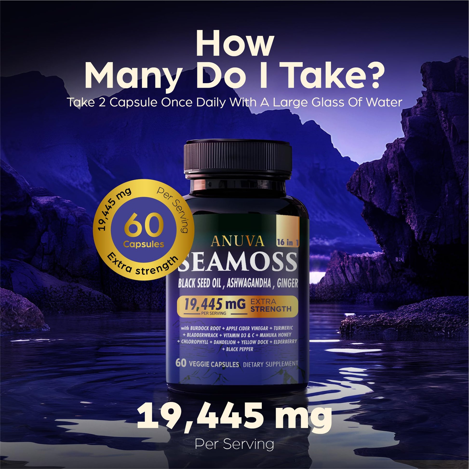 Anuva 16-in-1 Sea Moss Capsules | Black Seed Oil, Ashwagandha, with Vitamin C, D3, Turmeric, Burdock, Bladderwrack & Multi-Minerals | Immune, Skin, Joint & Energy Support | 60 Veggie Capsules AnuvaAu supplements