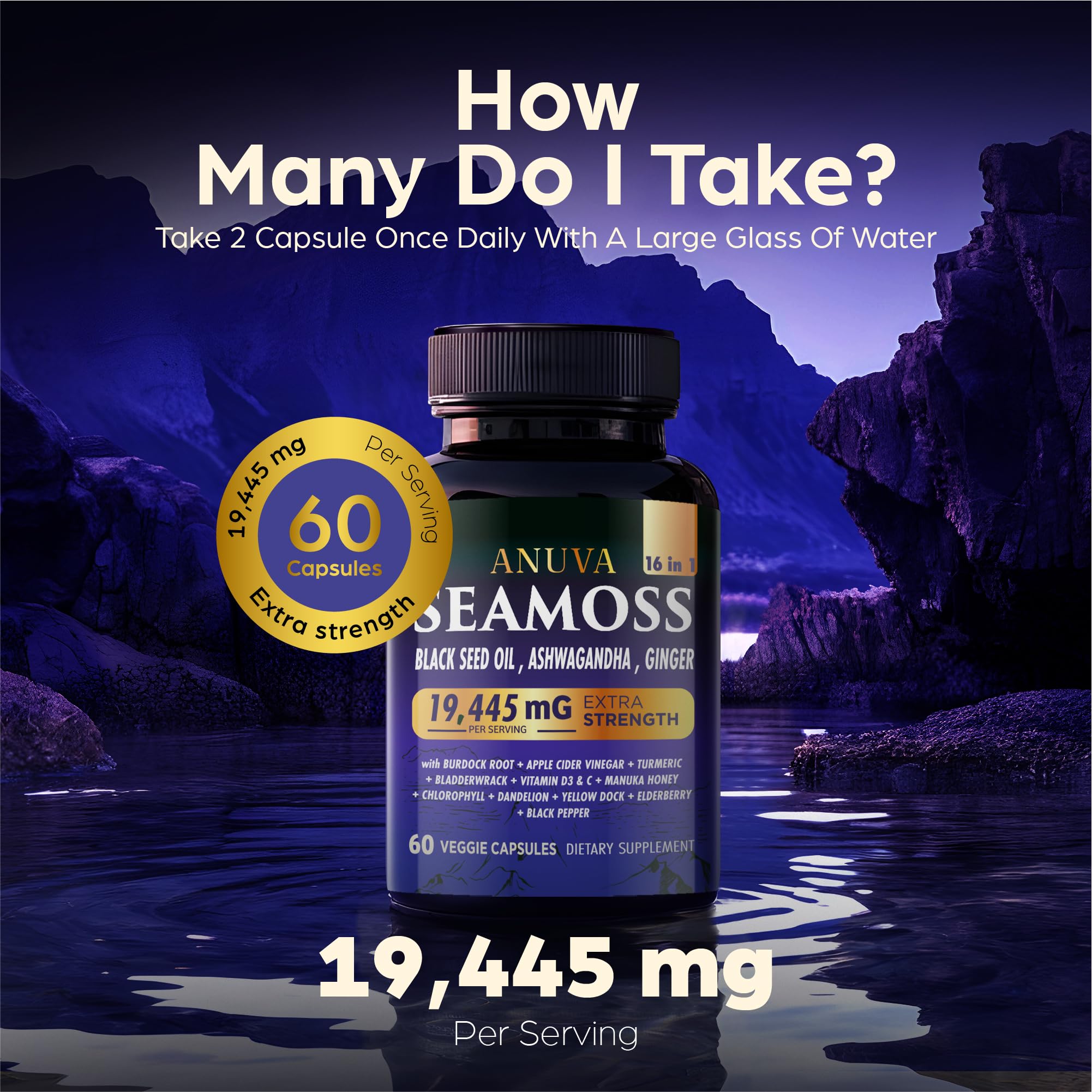Anuva 16-in-1 Sea Moss Capsules | Black Seed Oil, Ashwagandha, with Vitamin C, D3, Turmeric, Burdock, Bladderwrack & Multi-Minerals | Immune, Skin, Joint & Energy Support | 60 Veggie Capsules AnuvaAu supplements