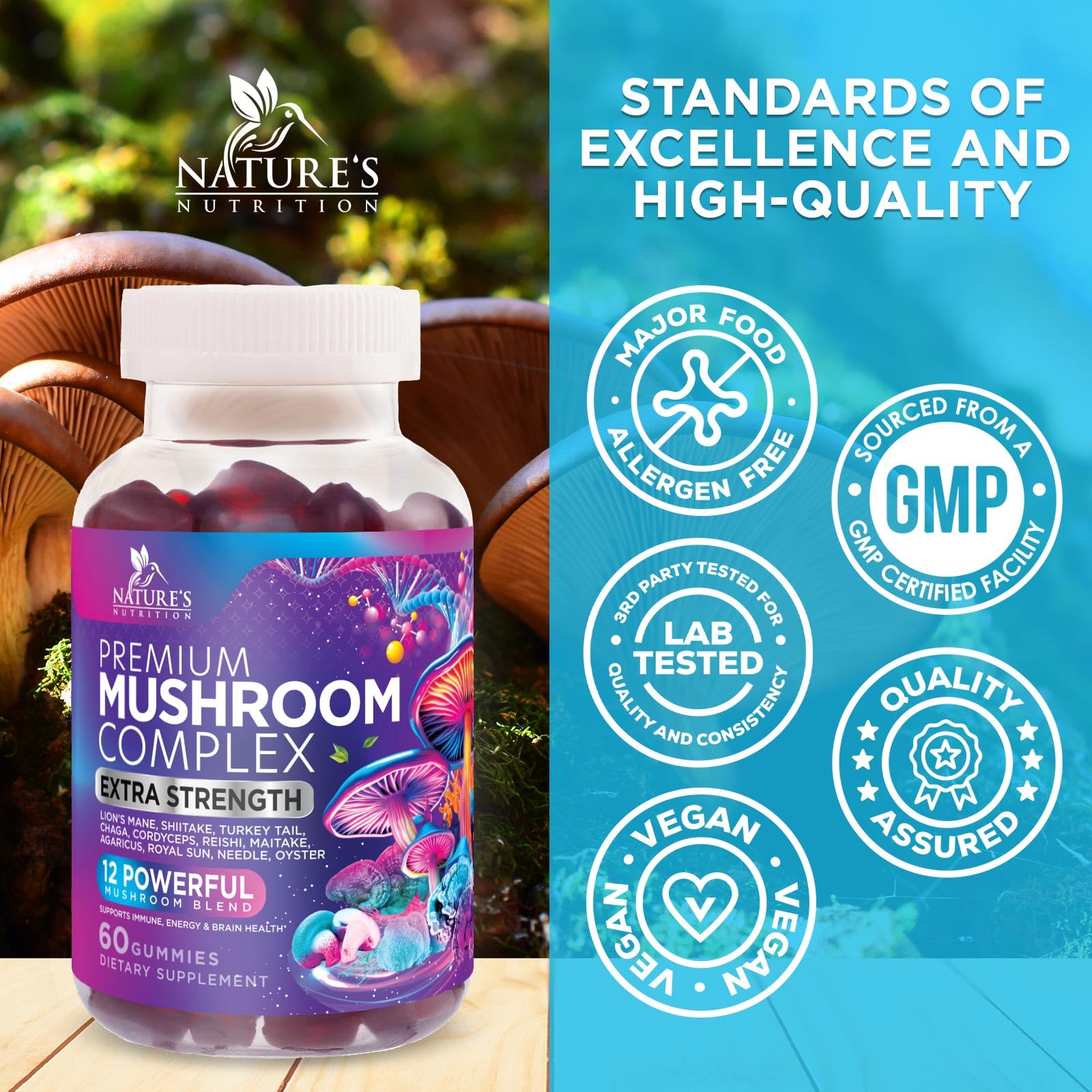 Mushroom Gummies Supplement 12 in 1 - High Grade Blend for Adults with Lions Mane, Reishi, Cordyceps, & Chaga Mushroom Complex Gummy, Memory & Immune Support & Nootropic Brain Supplements - 60 Gummies Nature's NutritionAu supplements
