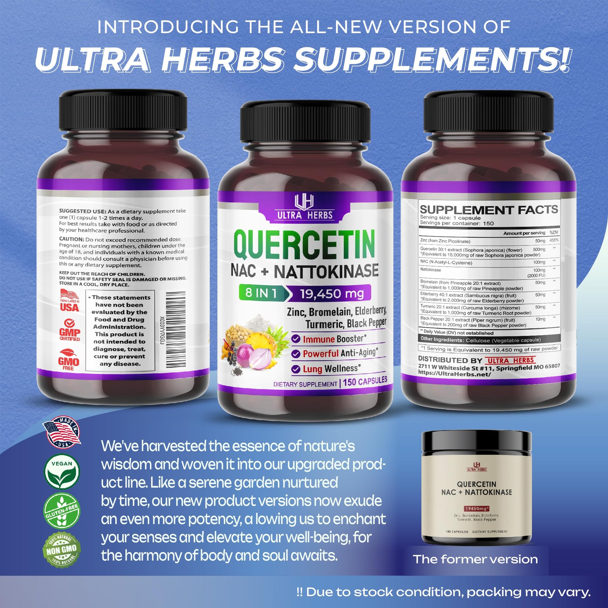 Quercetin 19,450mg 8 IN 1 with NAC, Nattokinase, Zinc, Bromelain, Elderberry, Turmeric ULTRA HERBSUS supplements