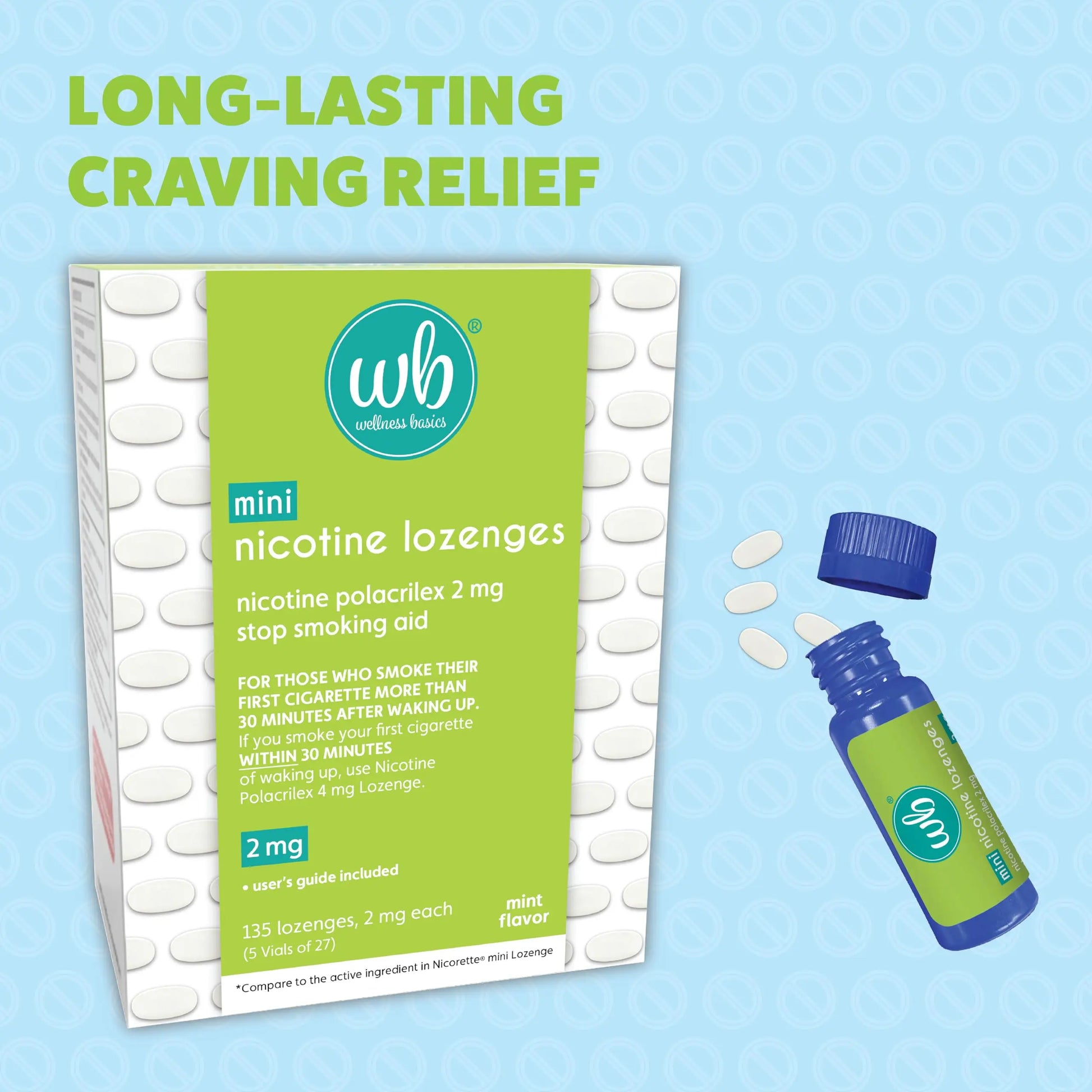 Wellness Basics Mini Nicotine Lozenge 2mg | Stop Smoking Aid | Mint Flavor | 135 Count | Pack of 5 Vials | Reduces Cravings & Withdrawal Symptoms Wellness Basicsnz supplements