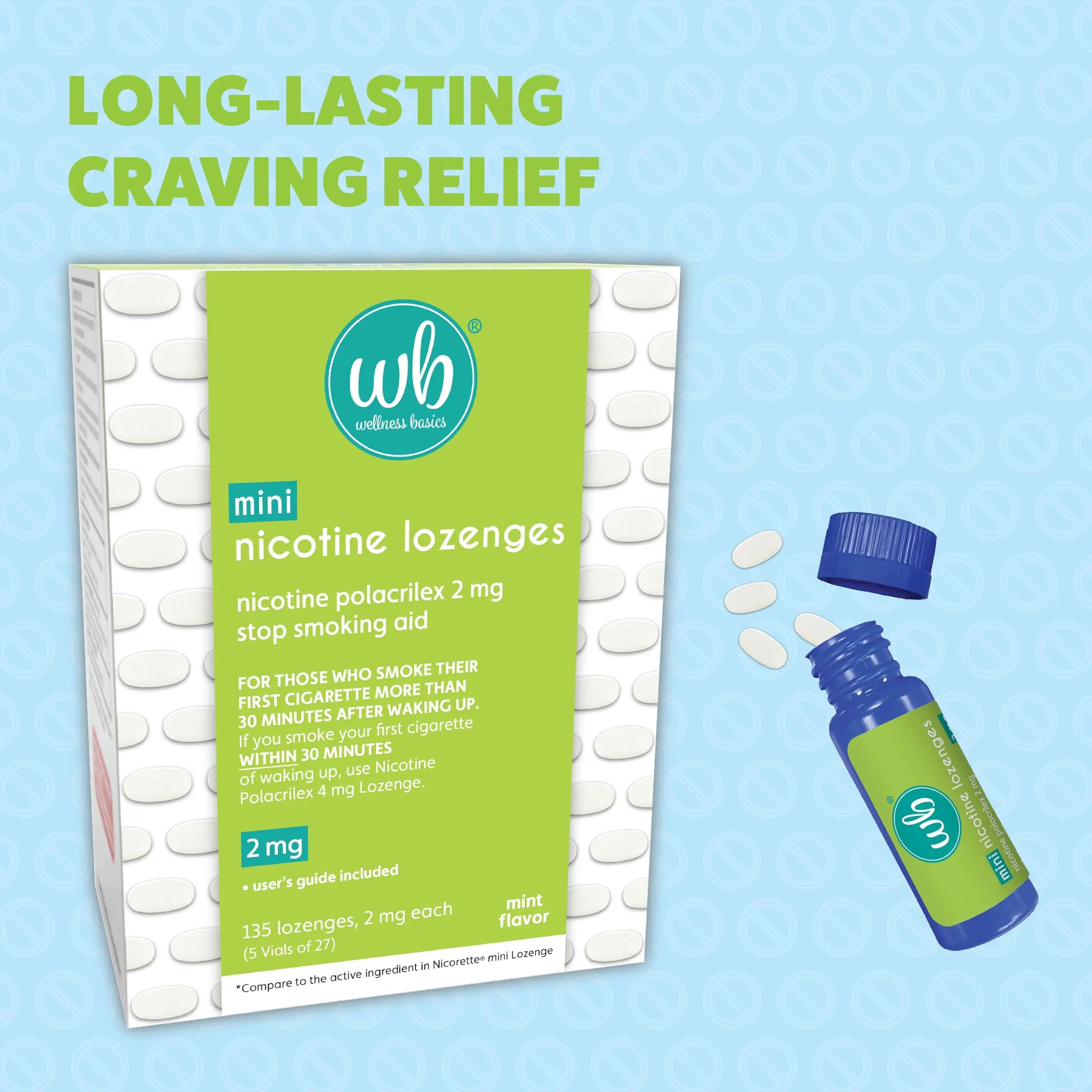 Wellness Basics Mini Nicotine Lozenge 2mg | Stop Smoking Aid | Mint Flavor | 135 Count | Pack of 5 Vials | Reduces Cravings & Withdrawal Symptoms Wellness Basicsnz supplements